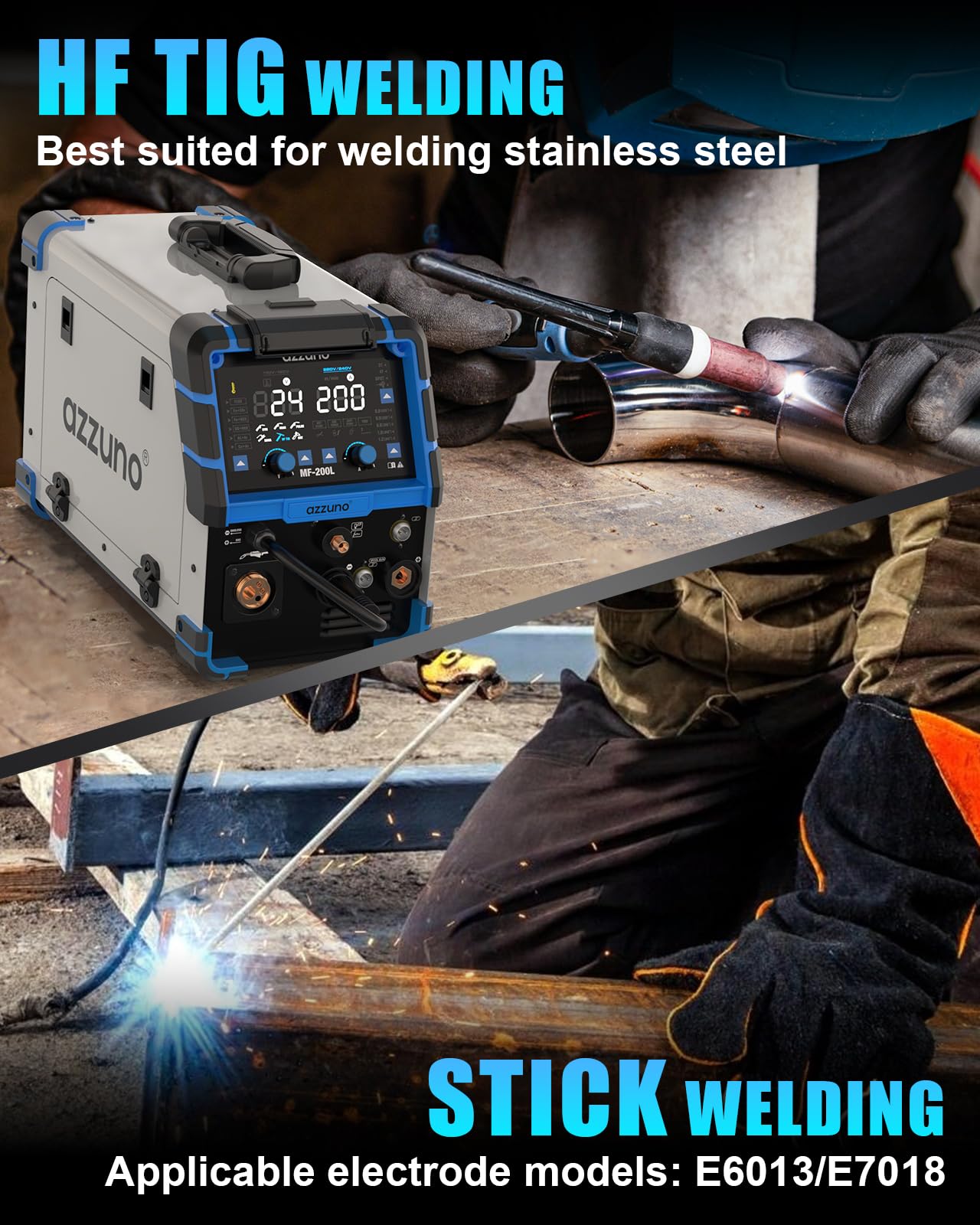 AZZUNO 200A Plasma Cutter Welder Combo, 9 in 1 Multiprocess Welder Machine Gas MIG/PULSE MIG/MAG/Flux Gasless MIG/Spool Gun Compatible/HF TIG/Stick/CUT/SPOT MIG, 110/220V Aluminum MIG Welding Machine