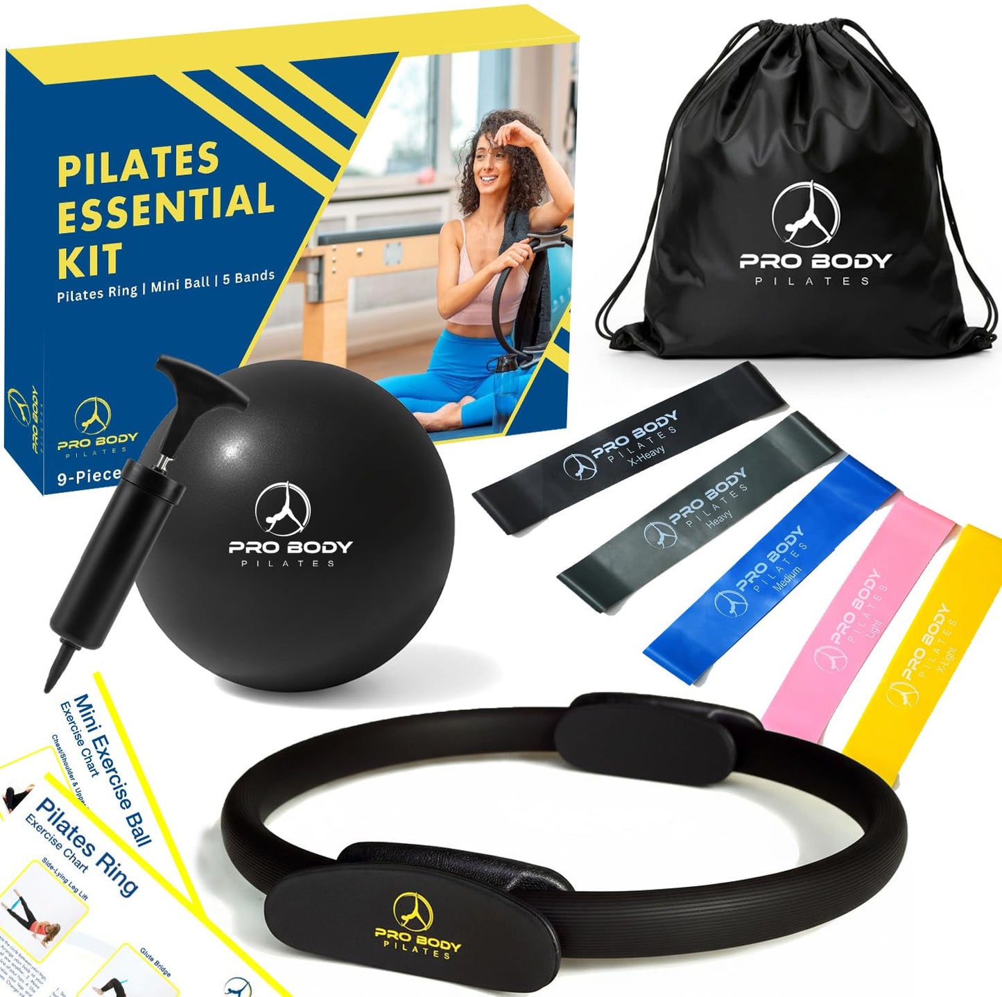 ProBody Pilates Ring Set with 14-Inch Magic Circle Ring, 9-Inch Exercise Ball, 5 Resistance Bands, Pump, Training Guides, & Storage Bag for Core Strength, Balance, Stability Training (Black)