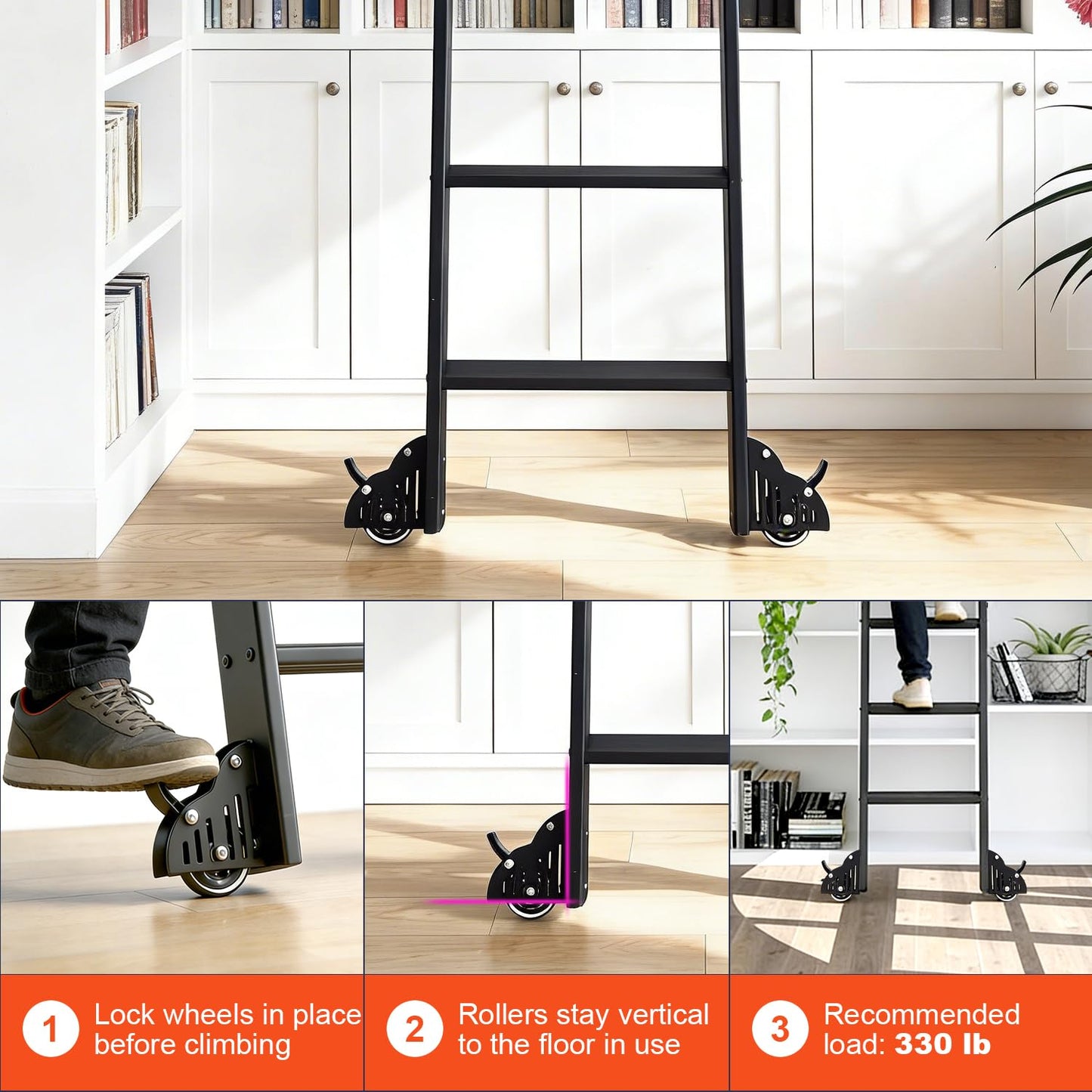 HARDJULAN 87" Black Sliding Library Ladder with 4FT Hook Track – Lightweight Aluminum Rolling Ladder with Braking Wheels, Space-Saving Rail Mounted Ladder System for Home Library, Closet & Storage