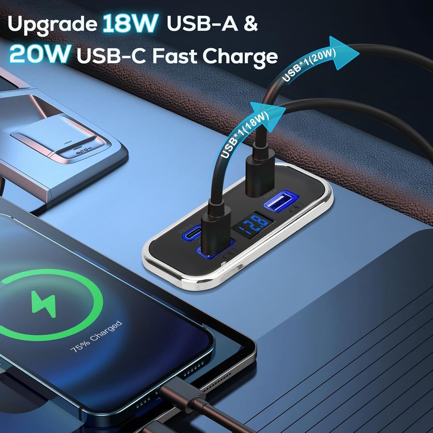 76W 18W 20W PD3.0 12V/24V Linkstyle RV USB Outlet, Dual USB-A & Dual Ports, Power Outlet Panel with Voltmeter for Car