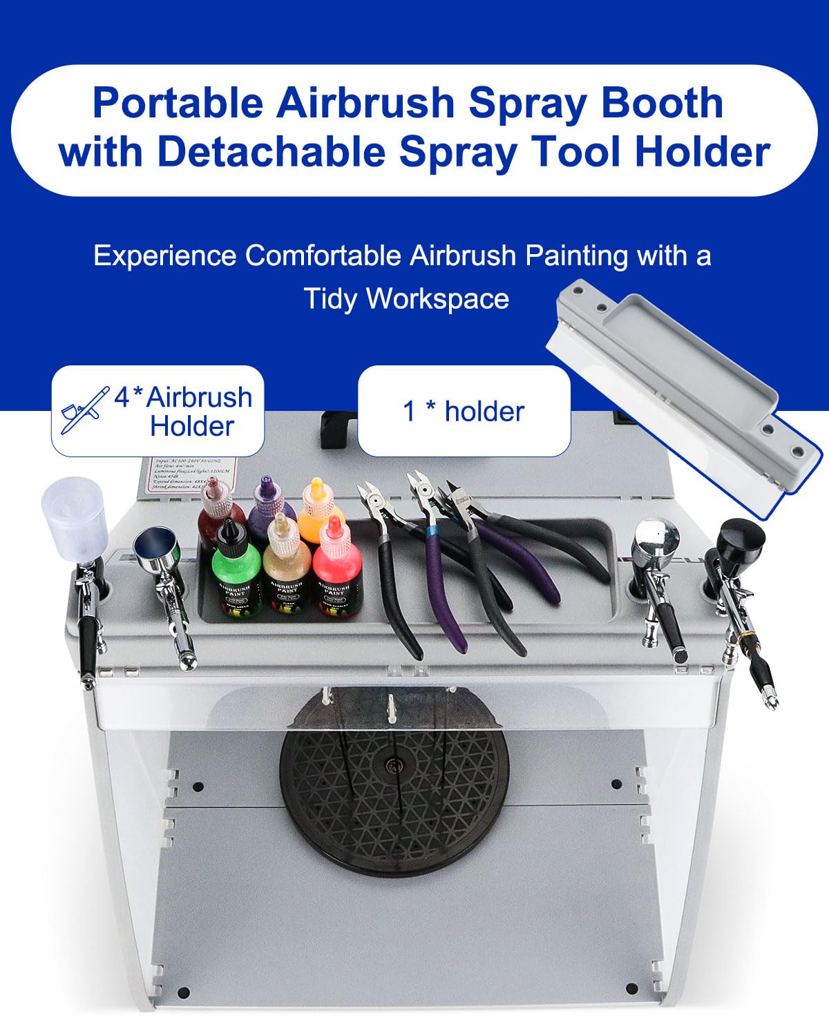 Anesty Airbrush Spray Booth with Bright LED Lights Detachable Tray Turn Table Upward Hose and Extra Replacement Filter, Portable Paint Booth Can be Used with LEDs Only