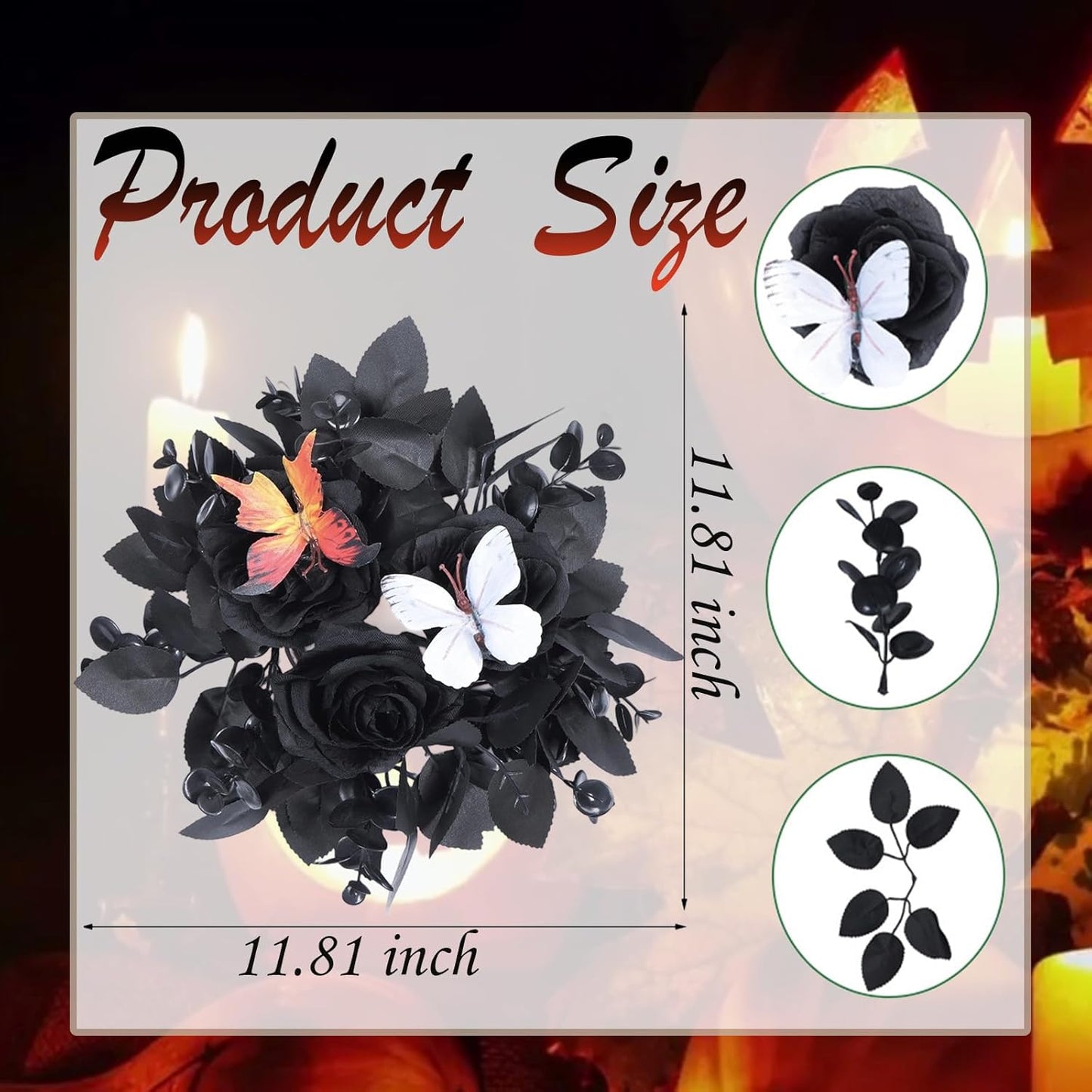 Regine Switzerland Halloween Rose Candle Ring Wreath - Gothic Black Floral with Butterfly & Artificial Leaves | Elegant Table Centerpiece