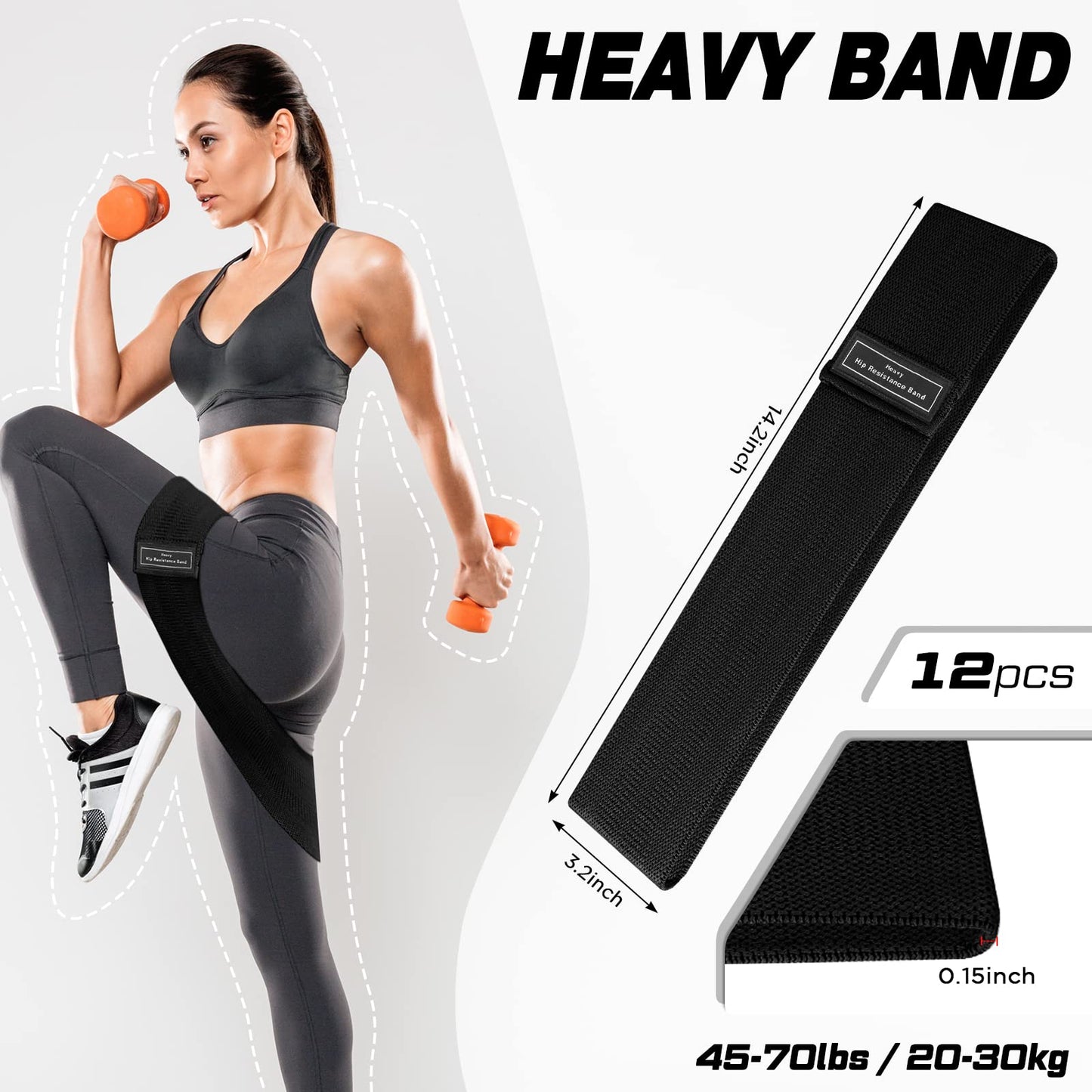 12 Pcs Fabric Resistance Bands for Working Out Booty Workout Stretch Exercise Bands Non Slip for Legs Squat Resistance Loop for Women Men Starter Butt Hip Thigh Fitness (Black,Heavy Resistance)