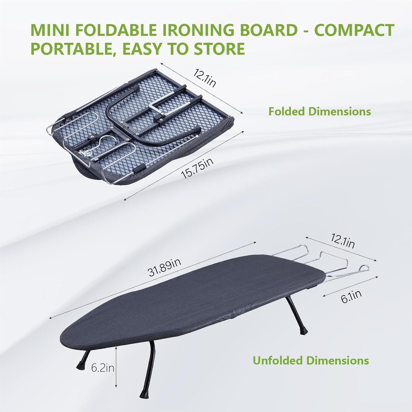 Skiennix Foldable Ironing Board - Portable Mini Design with Heat-Resistant Cover | 31"x12", Black