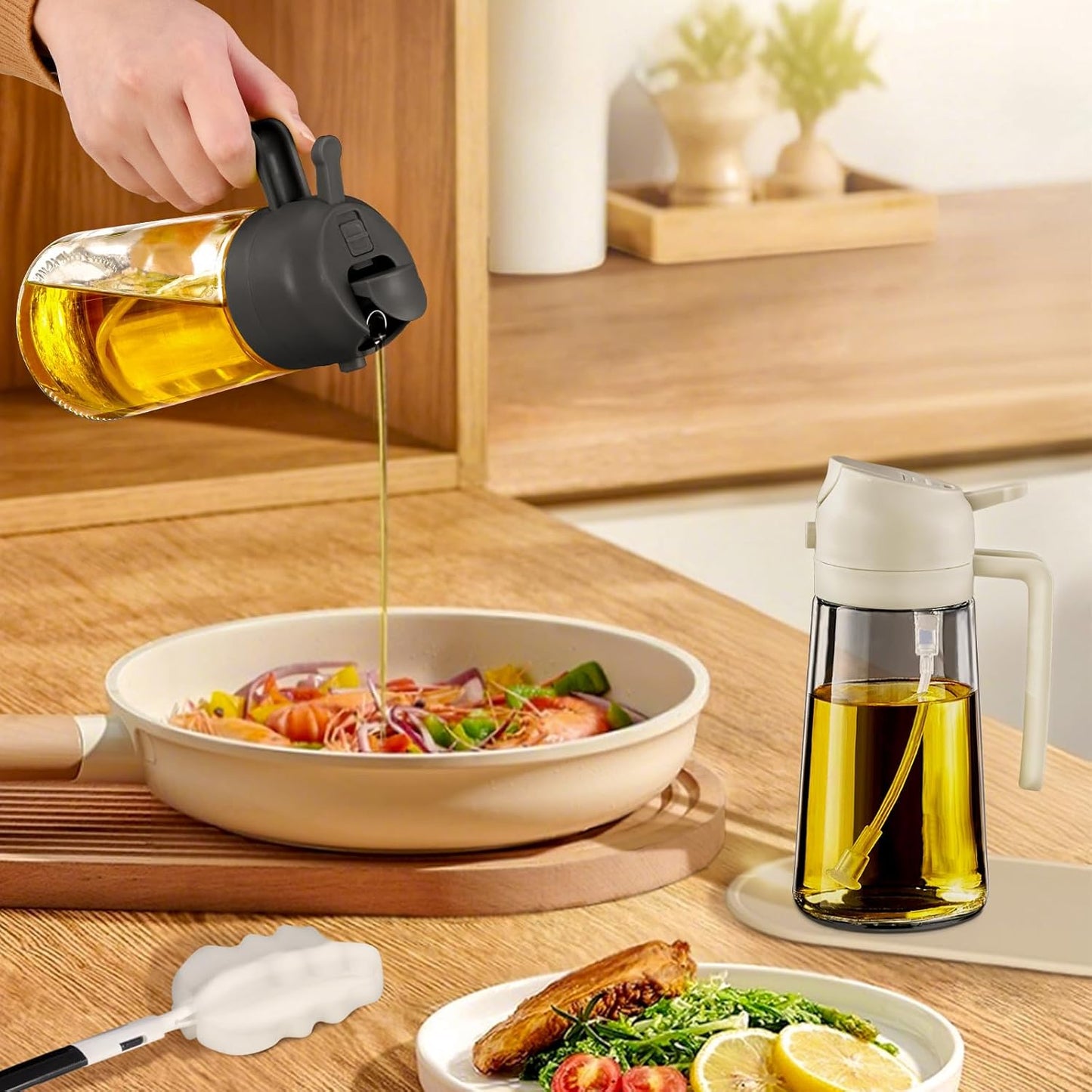 YARRAMATE Glass Olive Oil Sprayer Set - 4Pcs 16oz with Stickers, Non-Slip Mats & Cleaning Brush | Perfect Kitchen Gift