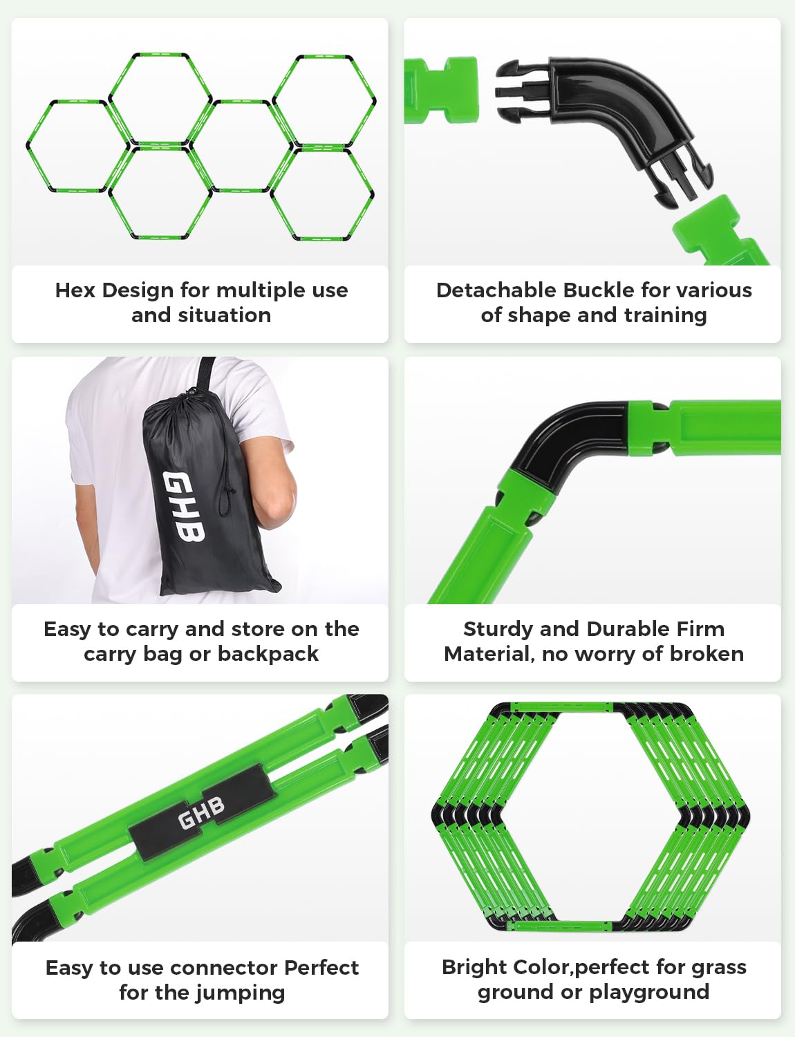 GHB Hex Agility Rings Speed Rings with Carrying Bag 6 Set Portable Hexagon Rings, Agility Ladder for Agility Footwork Training (Green)