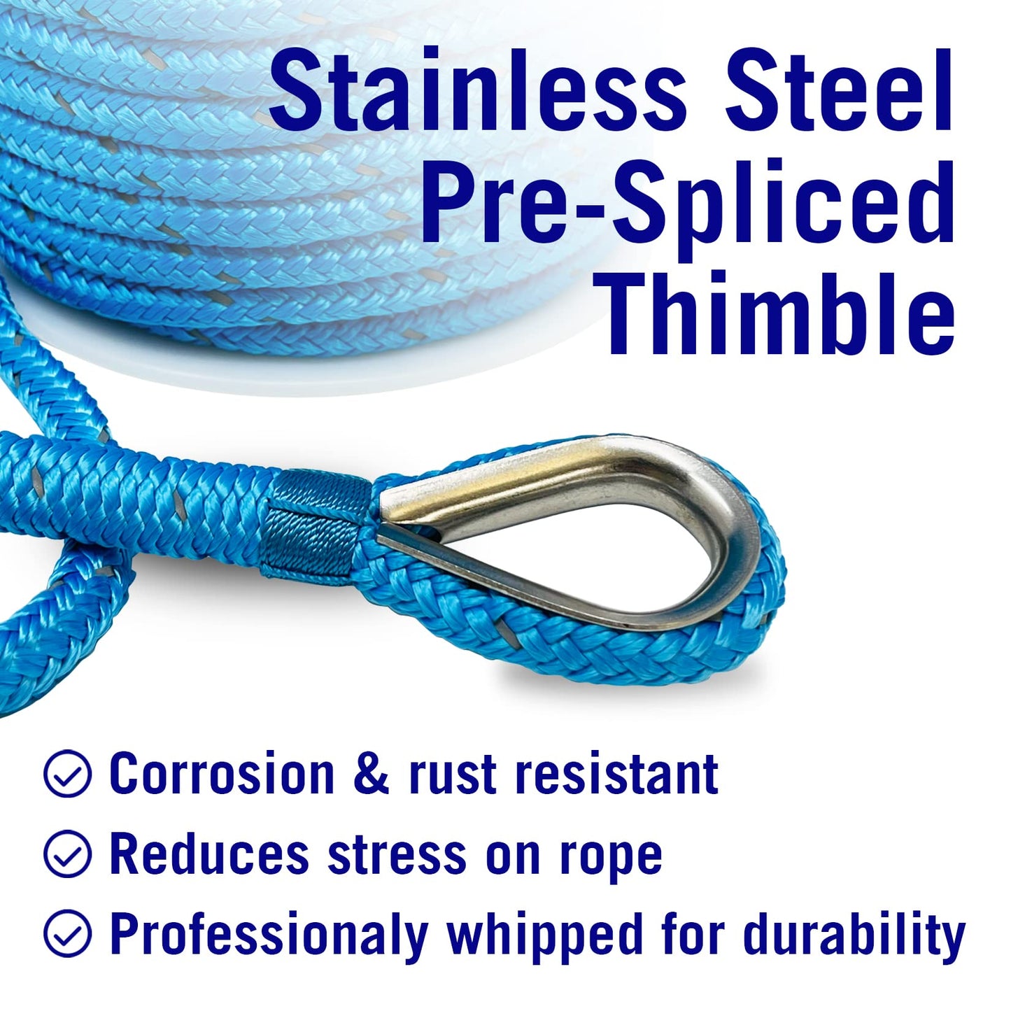 Better Boat Premium Anchor Rope, 100 Ft Double Braided White Nylon Marine Line, Reflective 3/8 Inch Reel for Anchors and Boats - Blue
