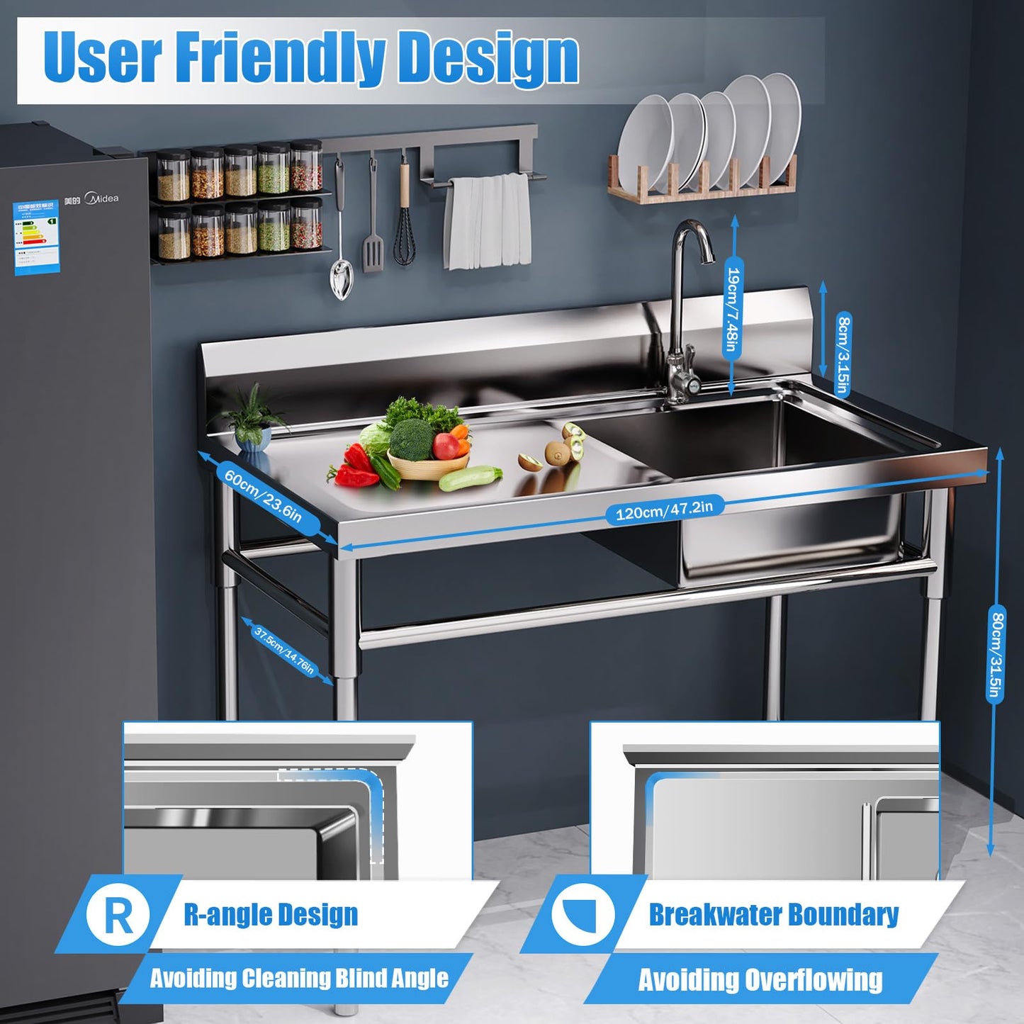 304 Stainless Steel Utility Sink,18 * 15.8 * 8.8in Commercial Sink,Single Compartment Workbench Sinks,Free Standing Multifunctional Sink Set for Restaurant, Laundry Room,Backyard,Garage