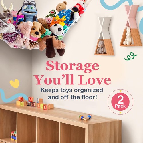 Lilly's Love Stuffed Animal Hammock - Corner Hanging Organizer & Toy Storage Net | Durable Fishing Net, Holds 12lbs | 67"x47"x47" (White, 2 Pack)