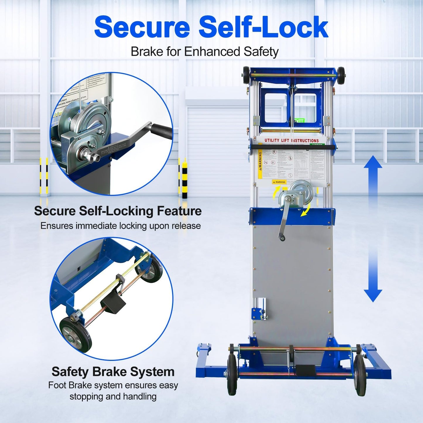 ELOMBR 122" Material Lift Winch Stacker, 400 lbs Capacity Manual Material Lifts, Adjustable Straddle Material Lifter, Hand Winch Lift Trucks for Warehouse, Factory, Lightweight, 42.90" L x 43.30" W