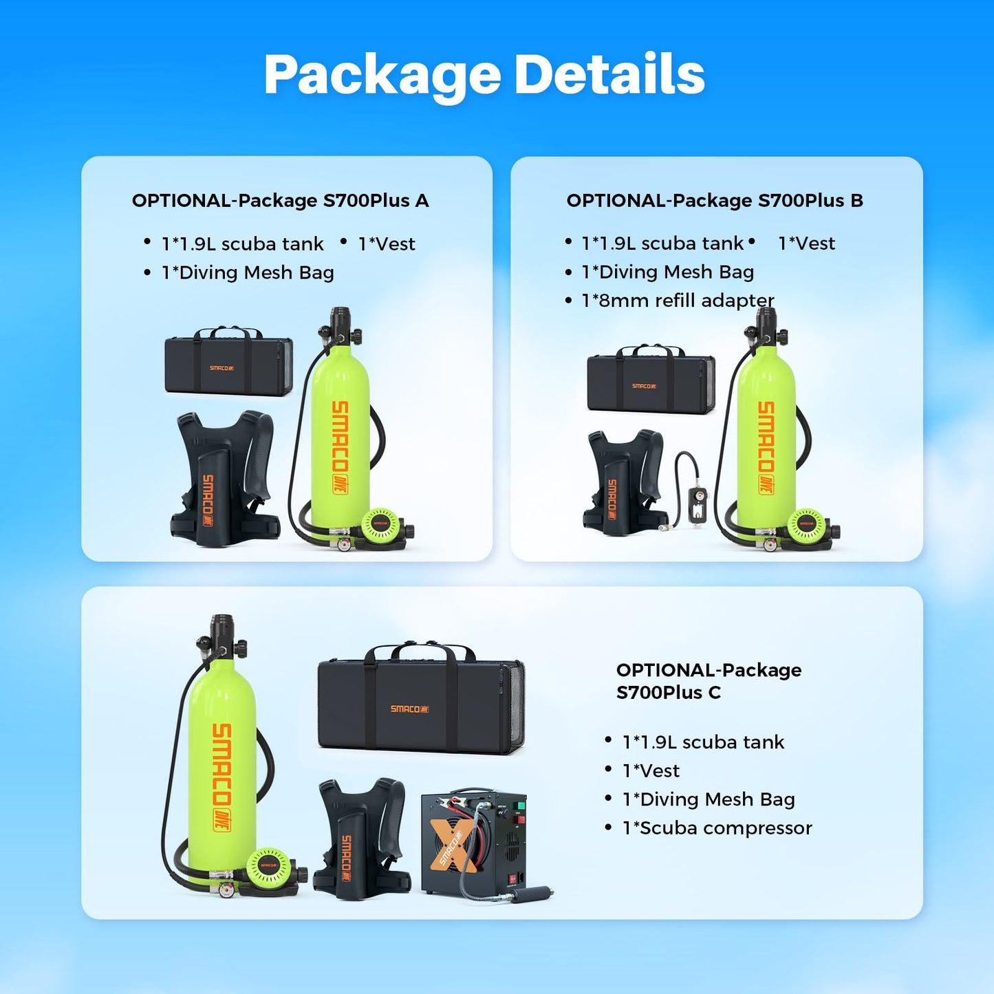 SMACO S700 Plus Mini Scuba Tank 1.9L Portable Diving Tank Reusable Pony Bottle for Underwater Exploration Lung Air Tank Kit Diving Cylinder for Emergency Rescue Boat Cleaning Backup Air Source