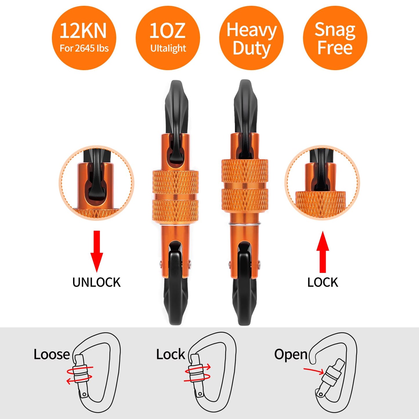 B-Mardi Carabiner Clips Heavy Duty 12kN (2697 lbs)-Lightweight Locking Carabiners for Camping, Hiking, Hammock, Dog Leash Harness, Outdoor and Gym etc, Keychains& Utility ﻿