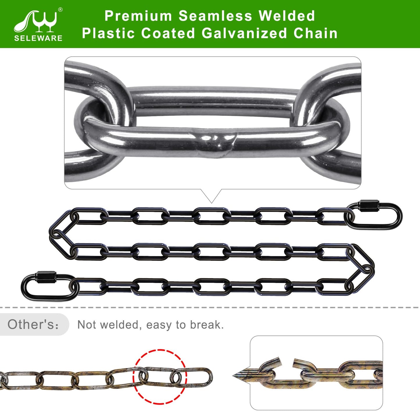 SELEWARE 2 Pack 40 Inch Hanging Swing Chain with 4 Carabiners, 1000LB Capacity Plastic Coated Hanging Chains, Hammock Hardware Kit for Swing, Hanging Chair, Punching Bags, Indoor Outdoor Gym (Black)