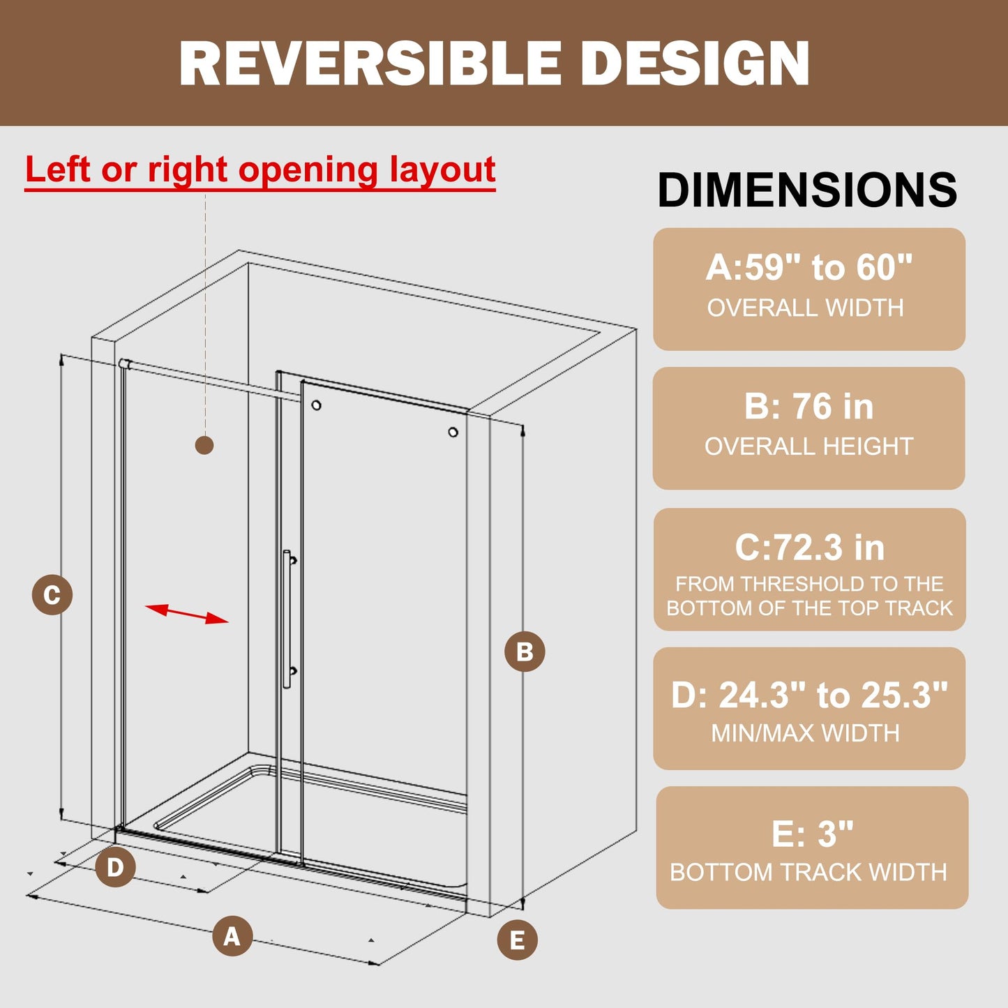 59-60" W x 76" H Soft Close Frameless Sliding Shower Door, 3/8"(10mm) Clear Tempered Glass, Single Sliding Shower Glass Door, Easy Clean Nano Coating, Polished Chrome