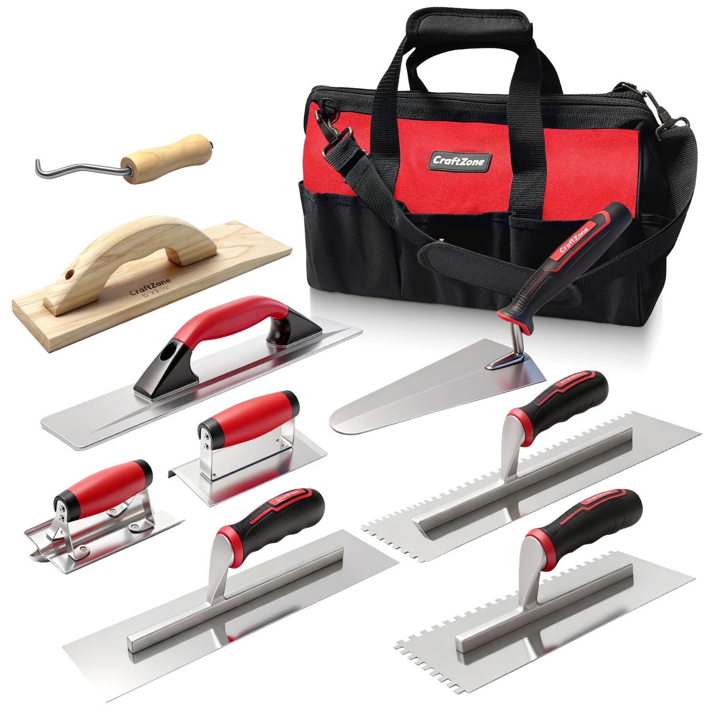 9 Pcs Masonry Hand Tool Set Concrete Trowel Set Includes Large Flat Finishing Wood Float Concrete Edger and Groover Wire Twister Margin Gauging in a Tools Bag