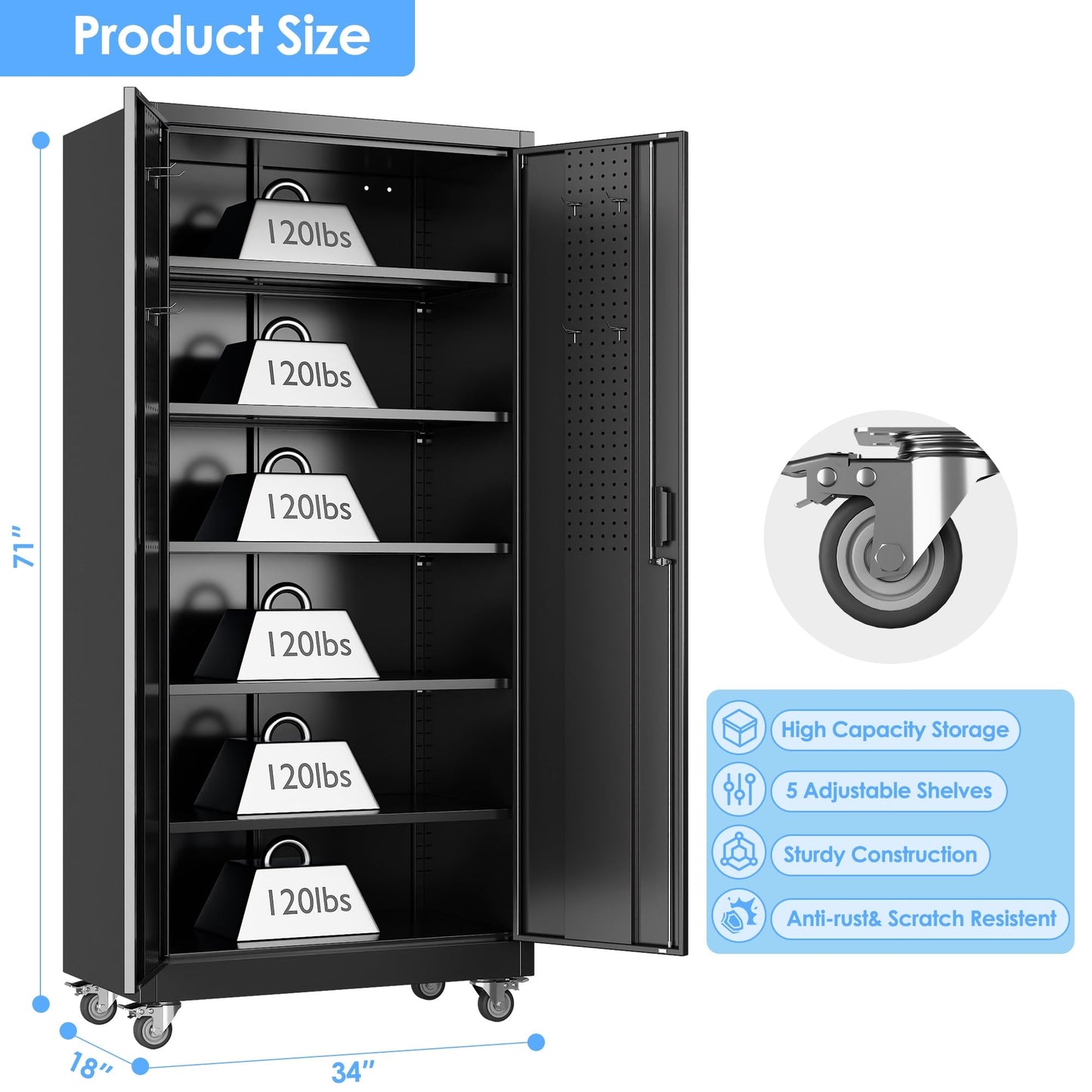 SUXXAN Heavy Duty Metal Storage Cabinet with Wheels and Pegboard, 71" Tall Industrial Steel Cabinet with 5 Adjustable Shelves & Locking Doors for Garage, Office, Pantry, Warehouse, Black