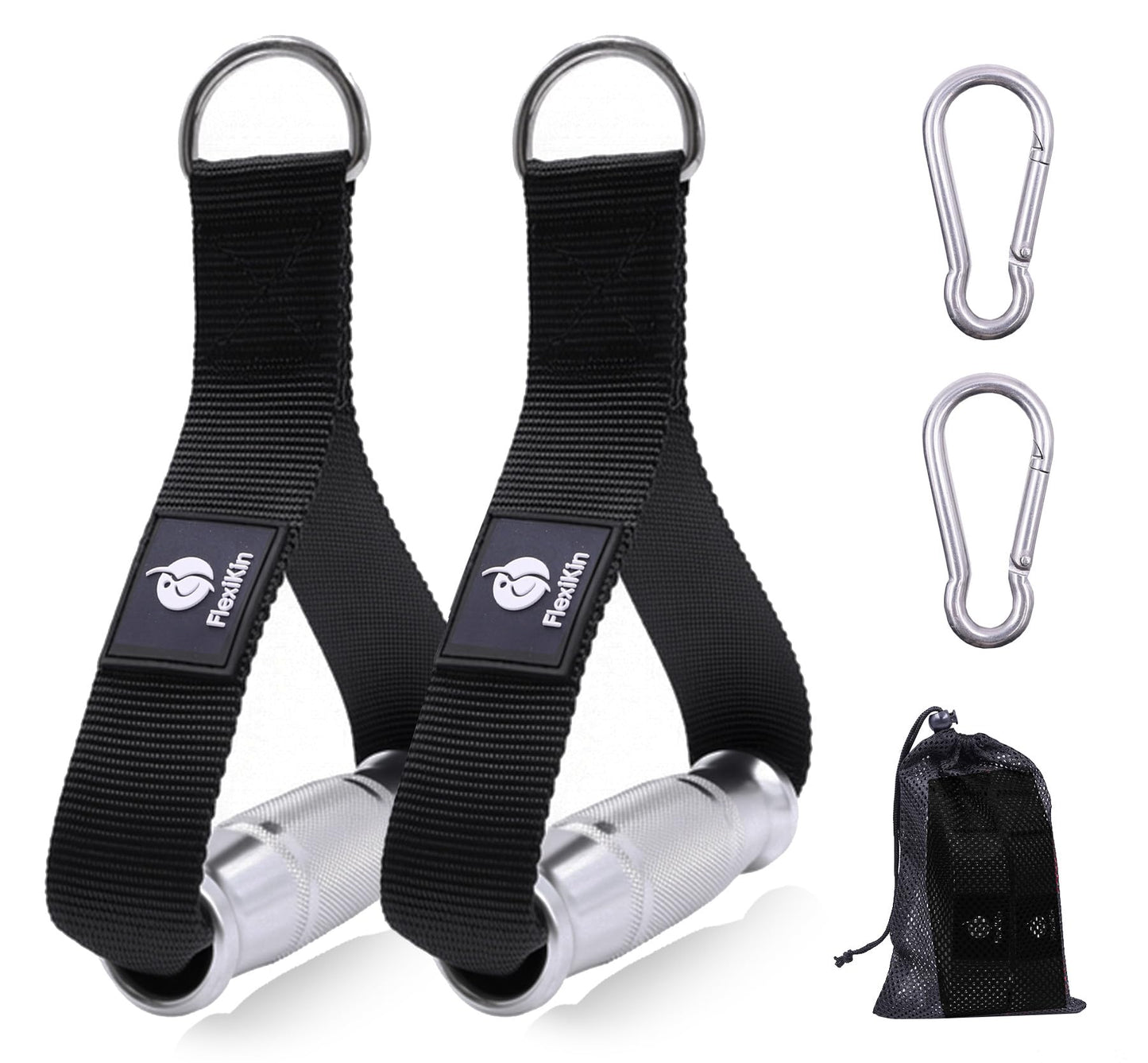 FLEXIKIN Premium Aluminum Alloy Gym Handles with Thickened Strap – Anti-Slip Grid Grip, Heavy-Duty Welded D-Ring for Cable Machine, Pulley System, and Strength Training Workouts (Black)