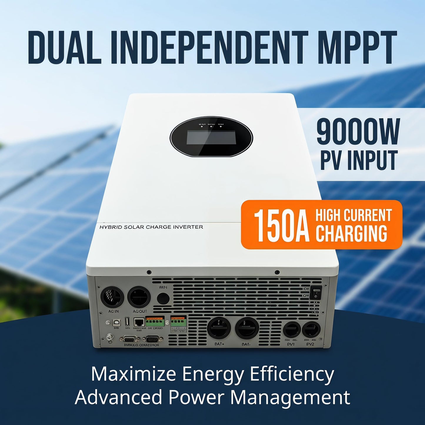 7200W Split-Phase Hybrid Solar Inverter, 120V/240V, 150A Dual MPPT, 48V Battery, UL Certified for Home Backup