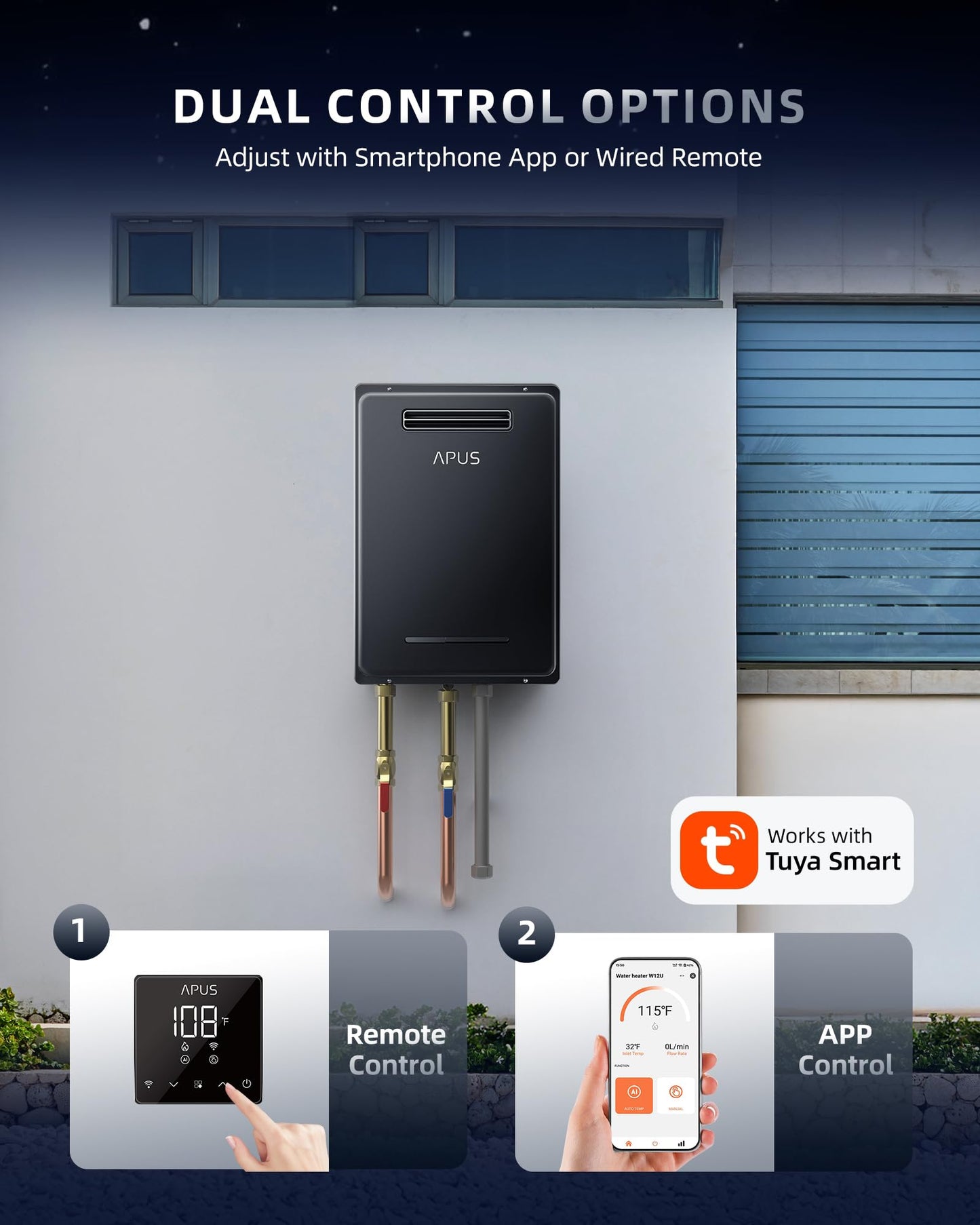 APUS 190,000 BTU Outdoor Tankless Water Heater, 8.1 GPM Natural Gas Instant Hot Water Heater with WiFi & Remote Control, High Efficiency for Supports 5 Outlets