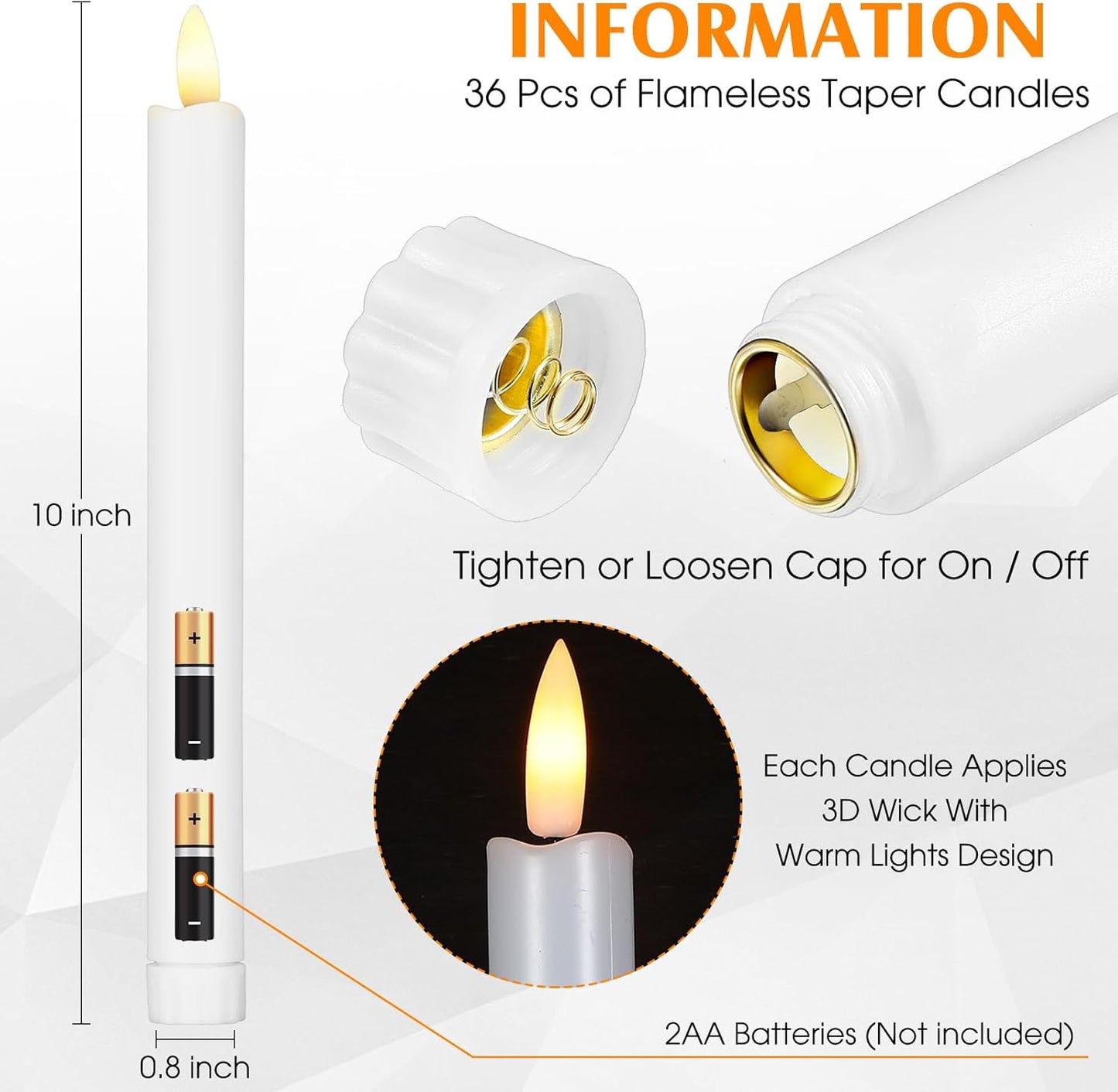 Reginary Flameless Taper Candles - 10 Inch Battery Operated LED Candlesticks | 36 Pieces White for Home & Wedding Decor