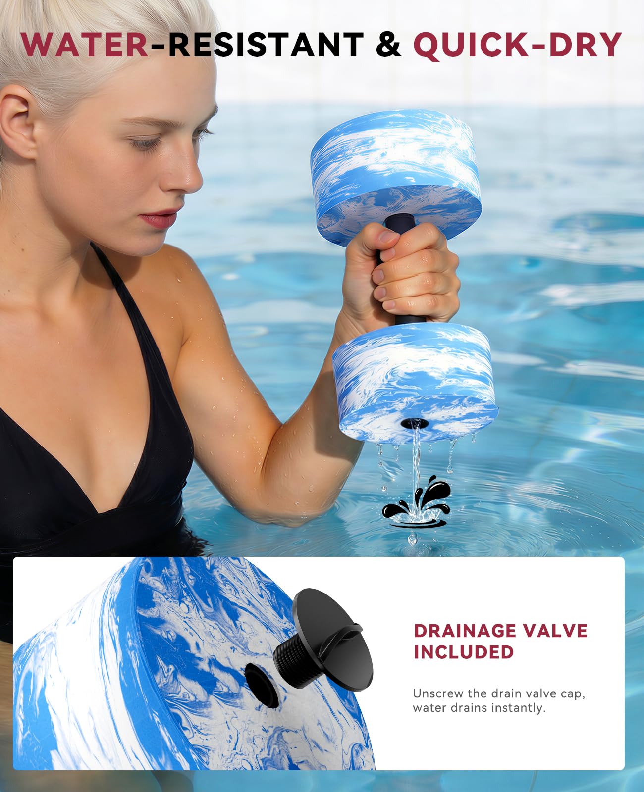 HAPBEAR 3-in-1 Aquatic Exercise Dumbbells, Adjustable Water Weights for Pool Exercise, High-Density EVA Foam Barbell for Water Aerobics Equipment, Physical Therapy & Joint-Friendly Strength Training