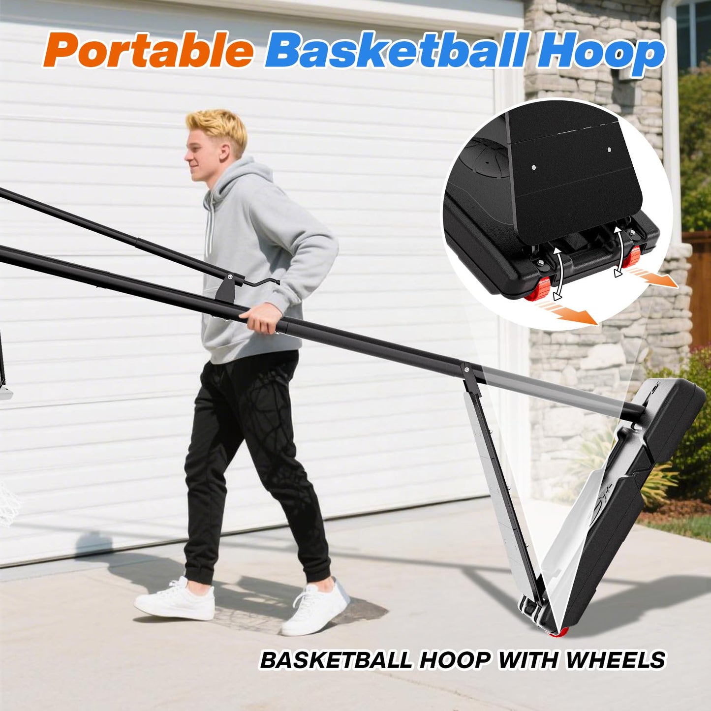 AWII SPORT Basketball Hoop Outdoor 40Inch Impact Backboard, 5.3-10FT Height Adjustable Basketball Hoop Goal System with Portable Wheels for Adults (Black, 40inch Backboard)