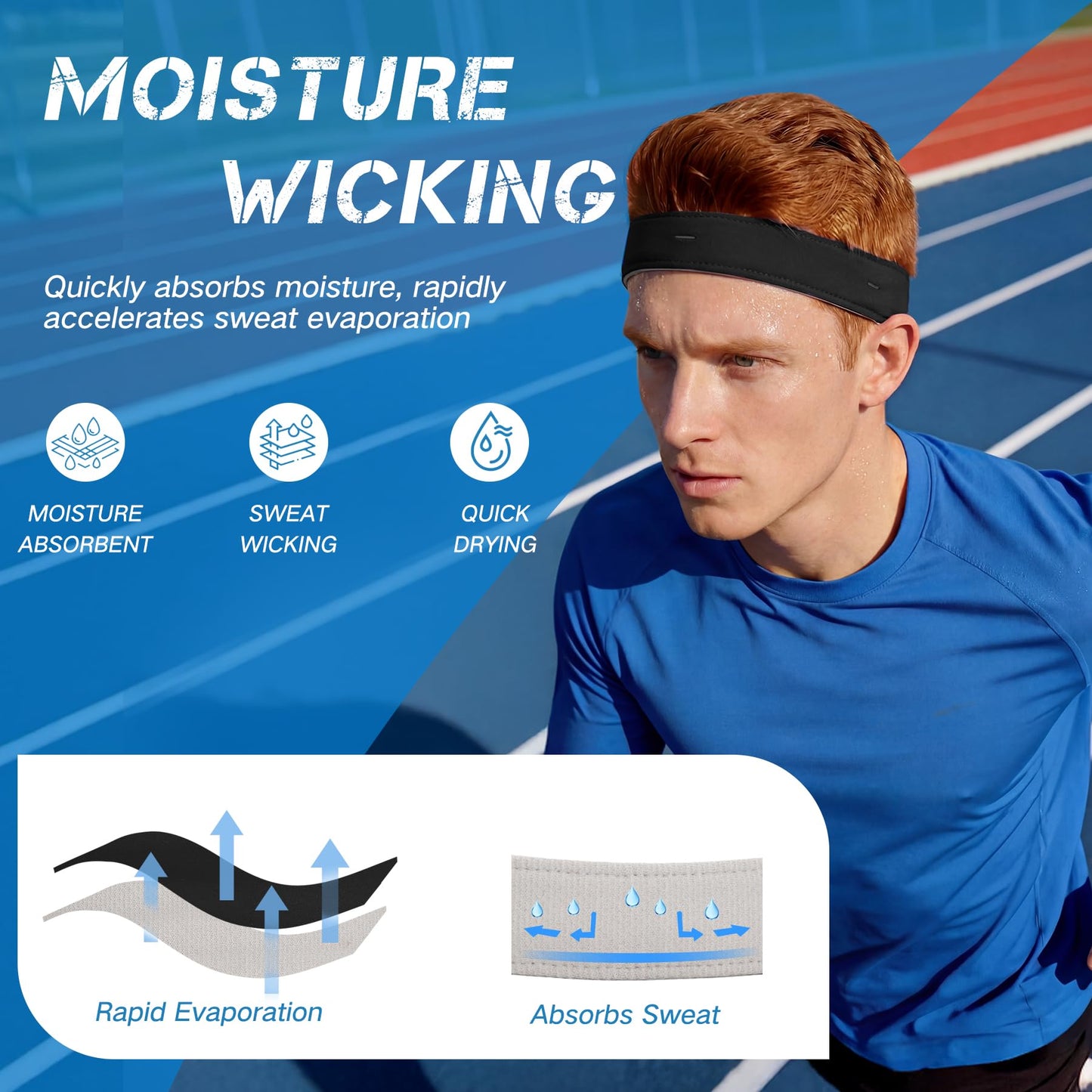 Sukeen 1" Sweat Bands Headbands for Men, Moisture Wicking Sports Mens Headband, Adjustable Non-Slip Sweatbands for Men, Breathable Sweat Band for Running, Cycling, Football, Fitness, Black