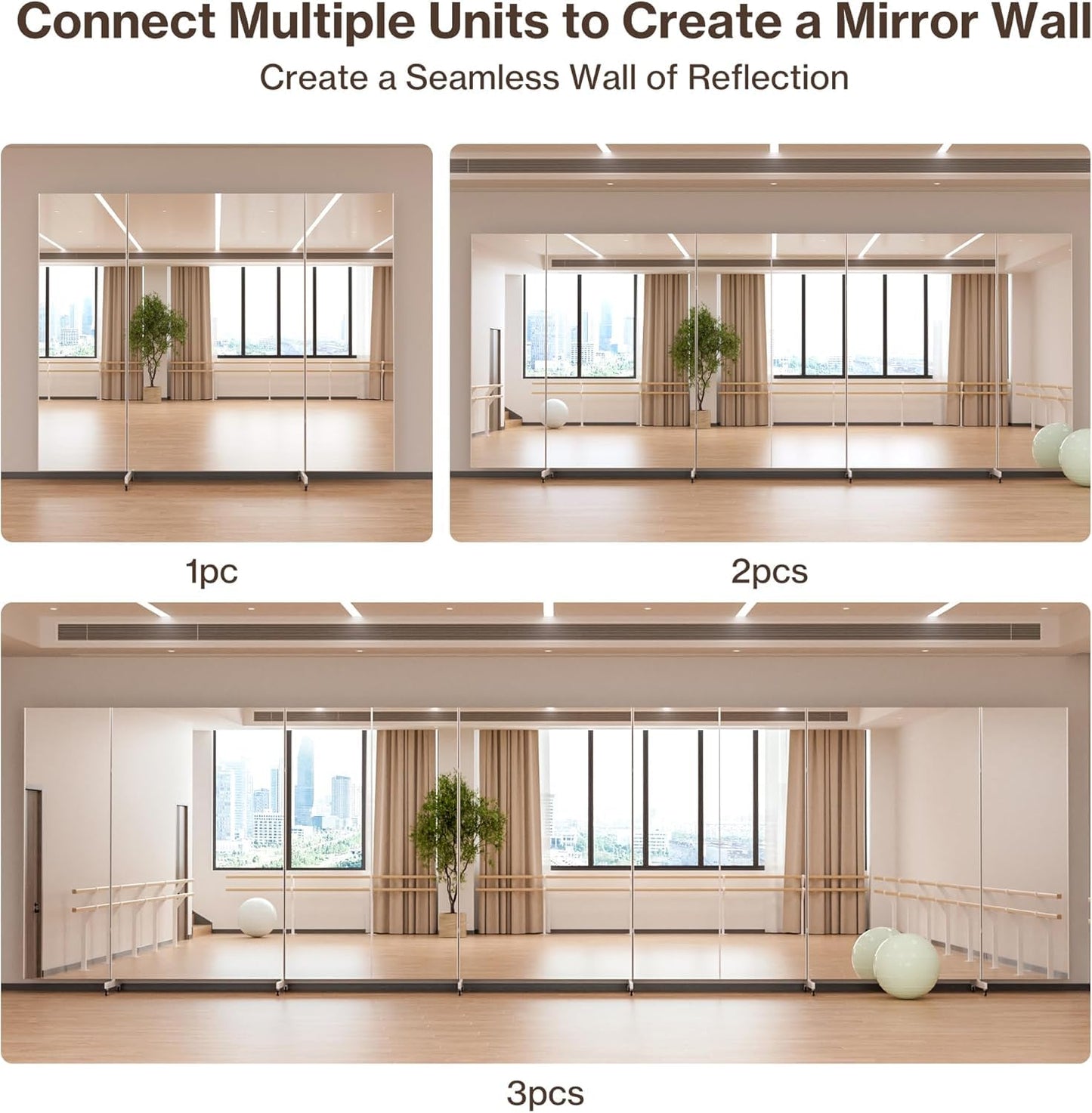 Full Length Stand Up Mirror on Wheels,63''×67'',Large Tri-Fold Floor Mirror with Stand,Movable 3-Way Full Length Standing Mirror for Gym, Dance Studio, Fitness Room, and Home (White)