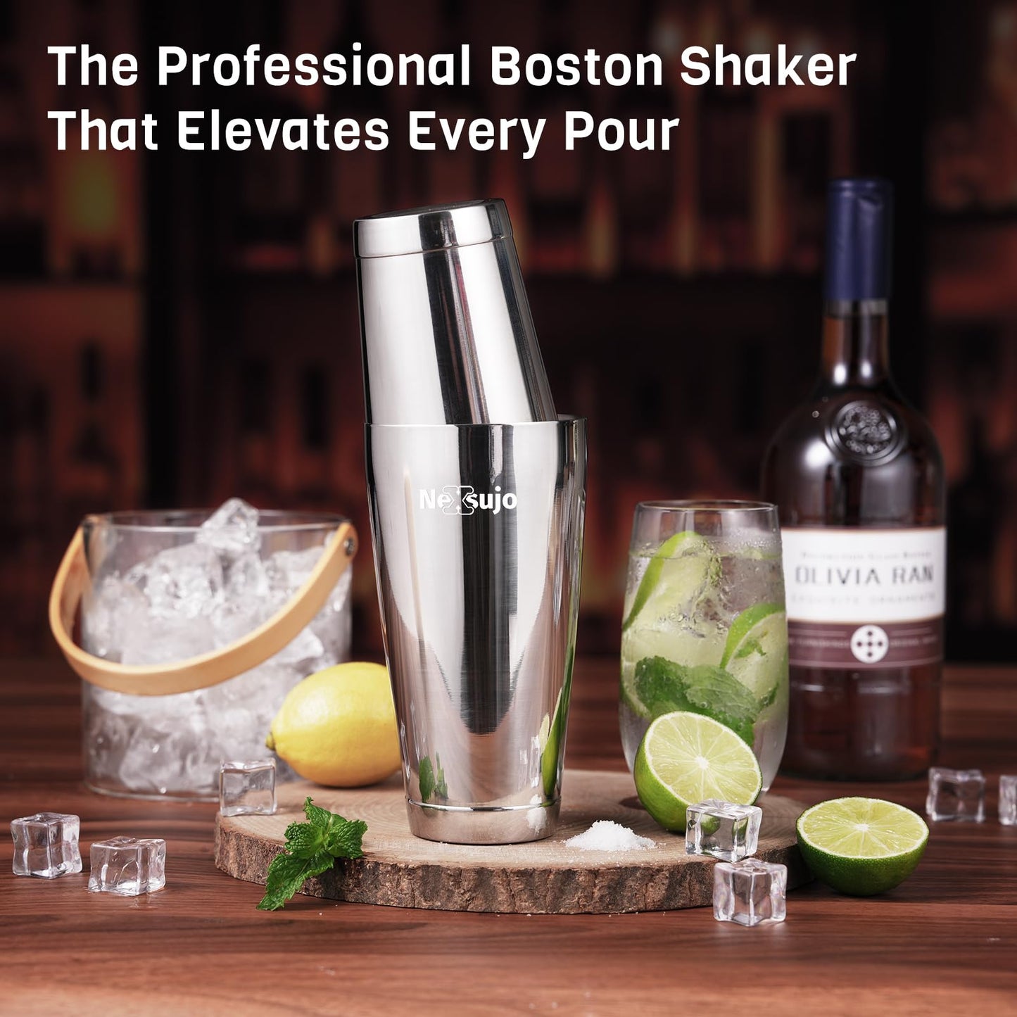 Nexsujo Boston Shaker Set, Professional Cocktail Shaker Set (18oz/28oz) Weighted Stainless Steel Bar Shakers for Bartending, Leakproof Bar Tools for Professional Bartender & Home Bar Mixology