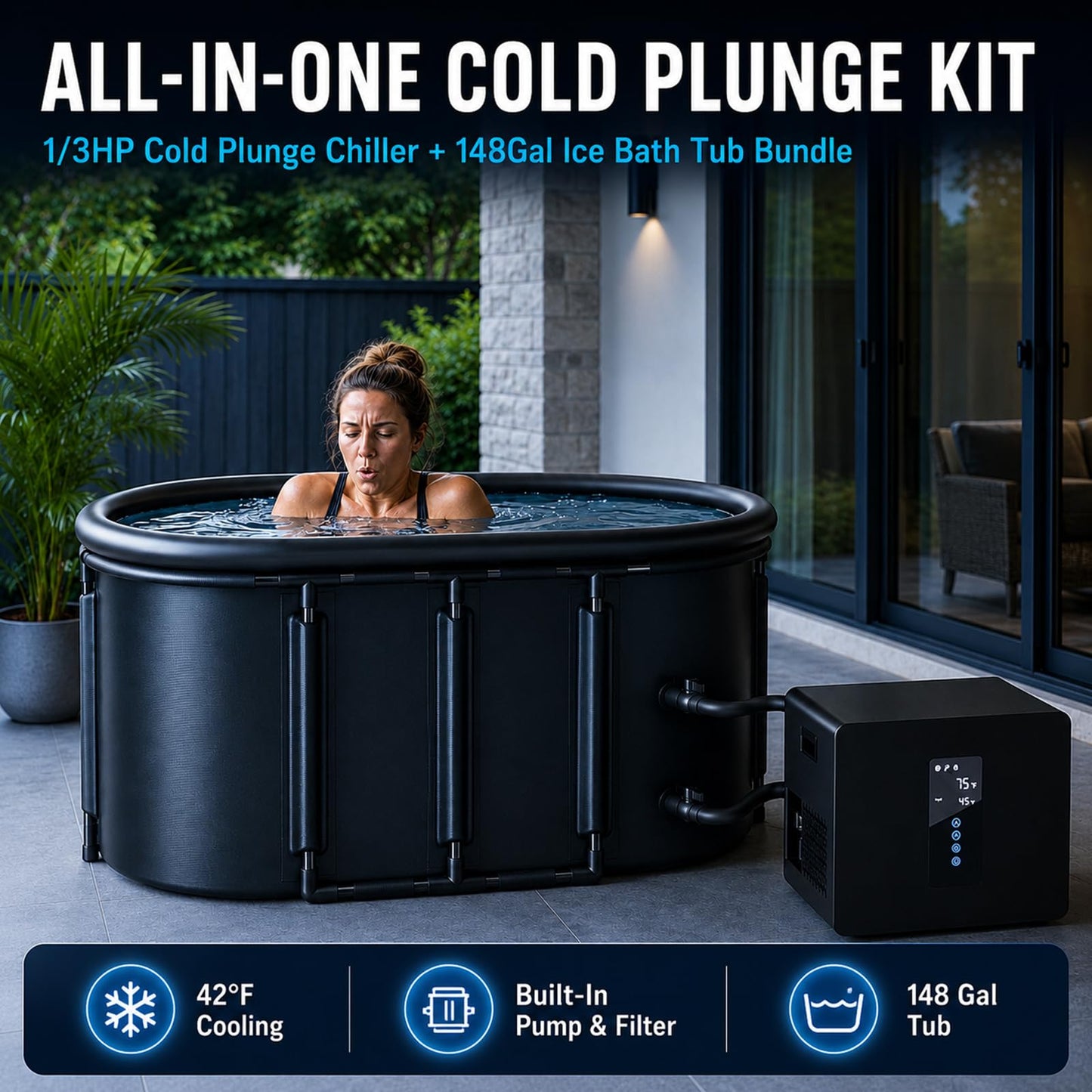 Ice Bath Chiller & Cold Plunge Tub Bundle, 1/3HP Cold Plunge Chiller with Built-In Pump & Metal Filter, 148 Gal Insulated Ice Bath Tub with Lid, Cold Therapy Recovery System for Home & Outdoor Use