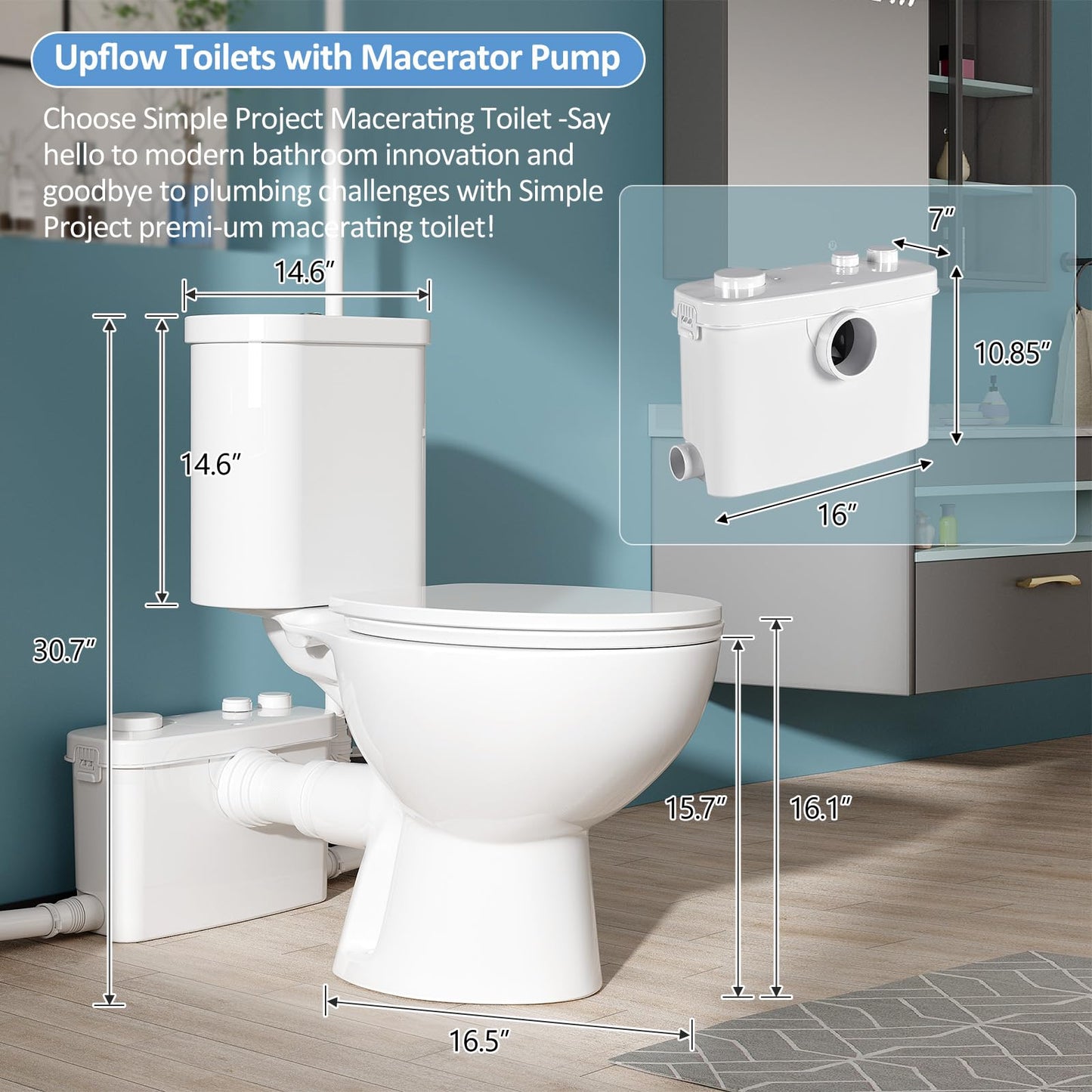 Simple Project Macerating Toilet System with 4-Inlet, Upflush Toilet for Basement, Powerful 1.6GPF Flush & Quiet 500W Macerator Pump System, Durable Pump, Extension Pipe - Easy Install, Space Saving