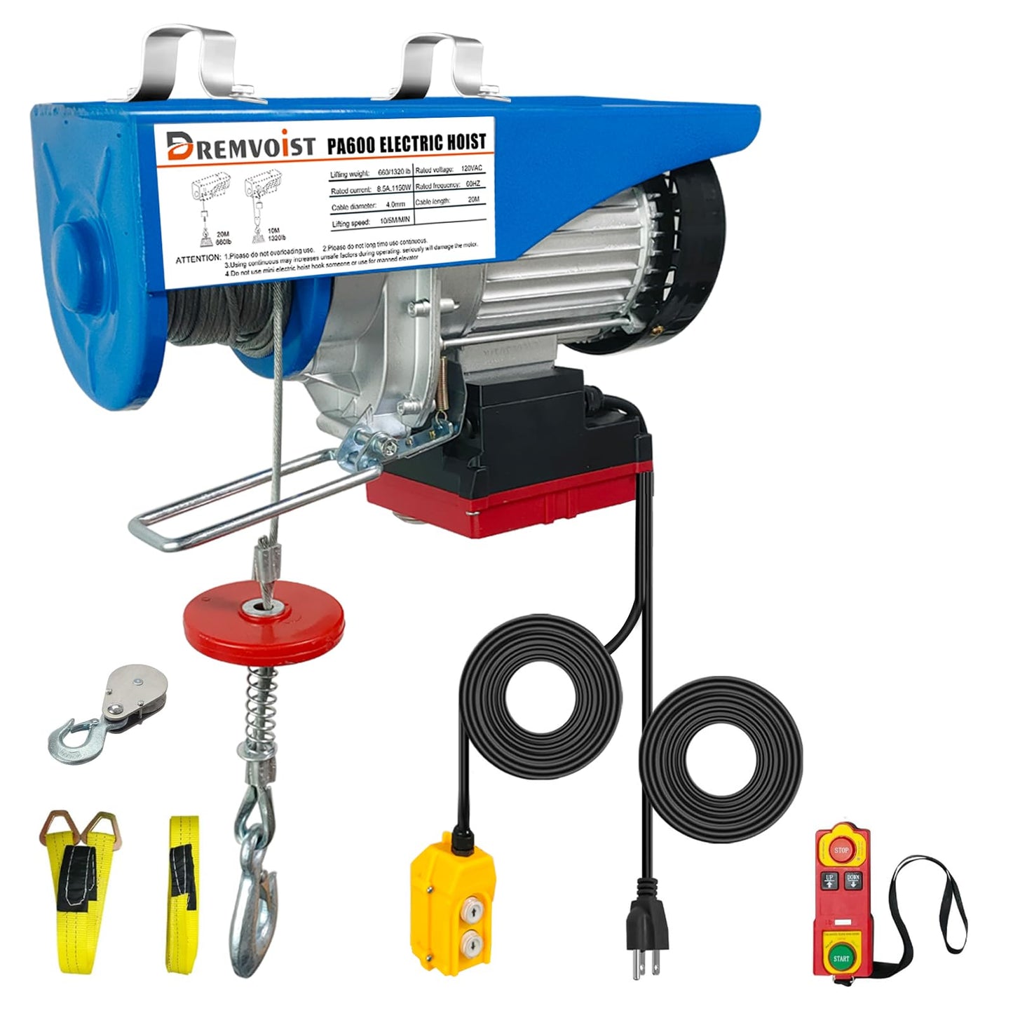 Dremvoist Electric Hoist,1320lbs Electric Hoist with Remote Control,110v Electric Hoist Winch Wireless/Wired 2 in 1,33/66FT Lifting Height,for Construction Site,Factories,Garage,Warehouses, Attic