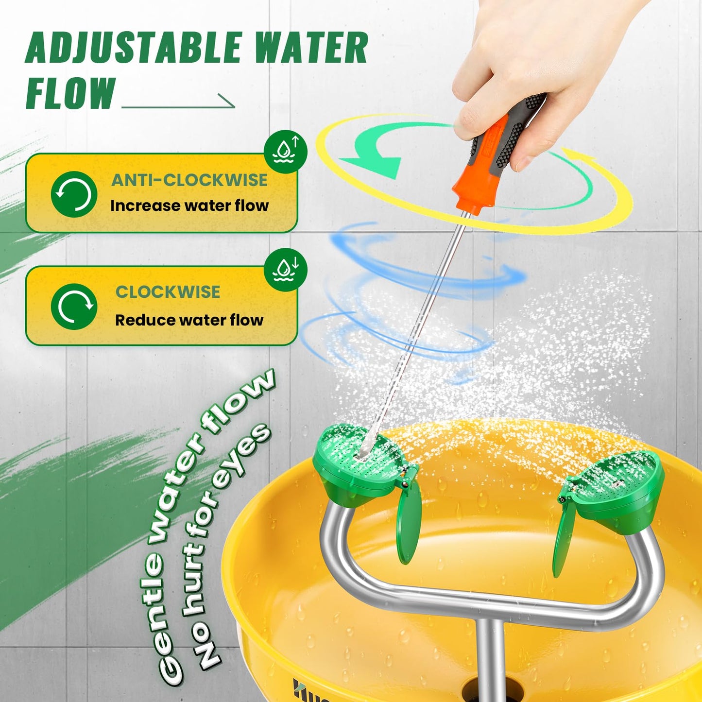 Huanyu Stand Up Eye Wash Station Floor Mounted Eyewash Station Adjustable Water Flow Emergency Eye Washing Station Stainless Steel with Eye Wash Sign Factory (1207-1 Yellow)