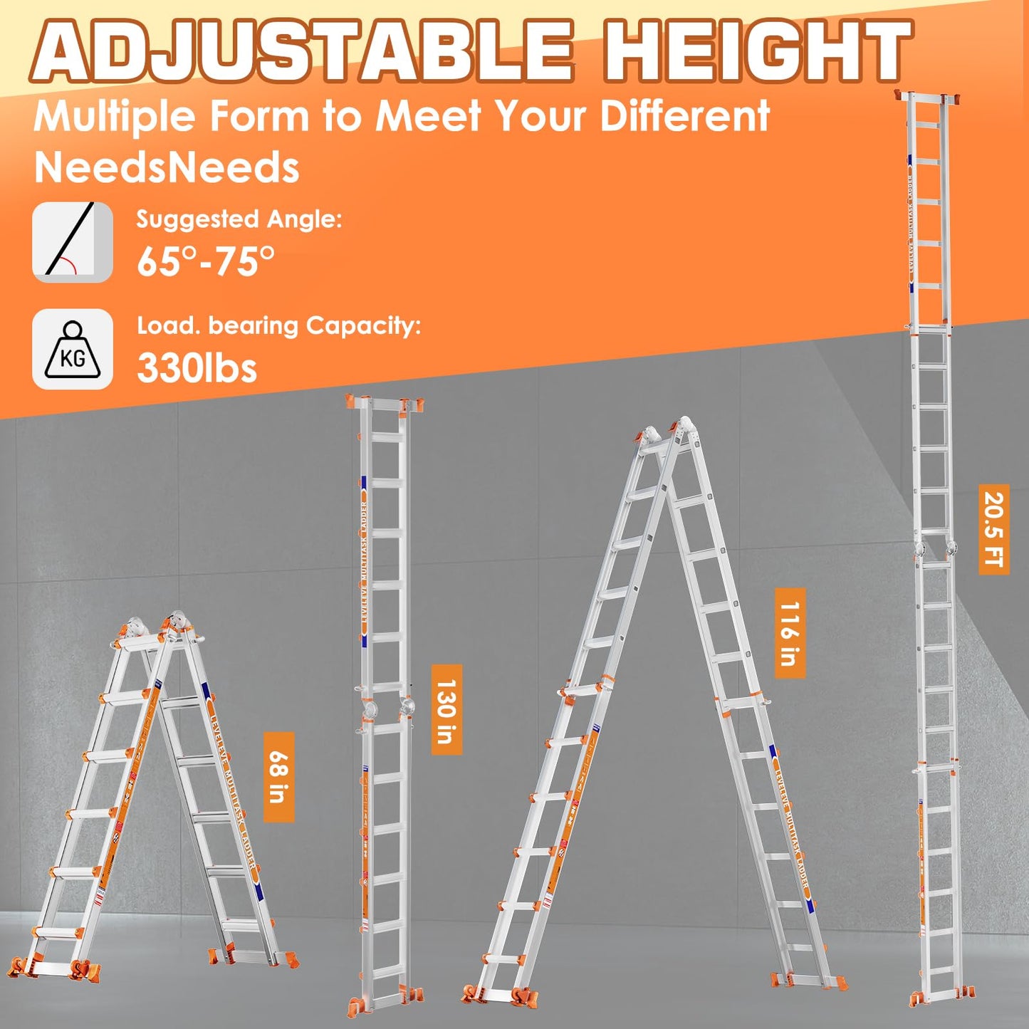 LEVELEVE A Frame 6 Step Ladder, 20FT Extension Ladder with Stabilizer Bar & Wheels,330 lbs Security Load Multi Position Ladder for Stairs Home Indoor Outdoor Roof