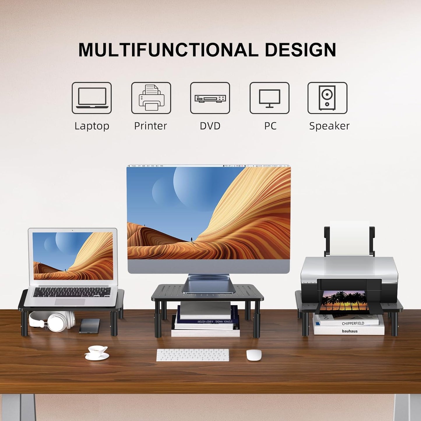 3 PS4, 20KG Bracwiser Monitor Stand Riser, Metal Computer Stand, Height Adjustable Screen Riser with Mesh Platform