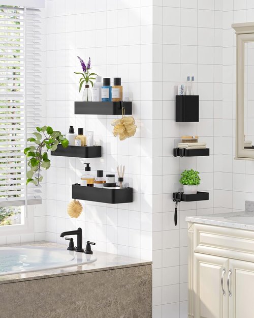 Kitsure Shower Caddy Adhesive - Stylish No-Drill Bathroom Organizer with Soap Holder & Hooks | Large Black 6-Pack
