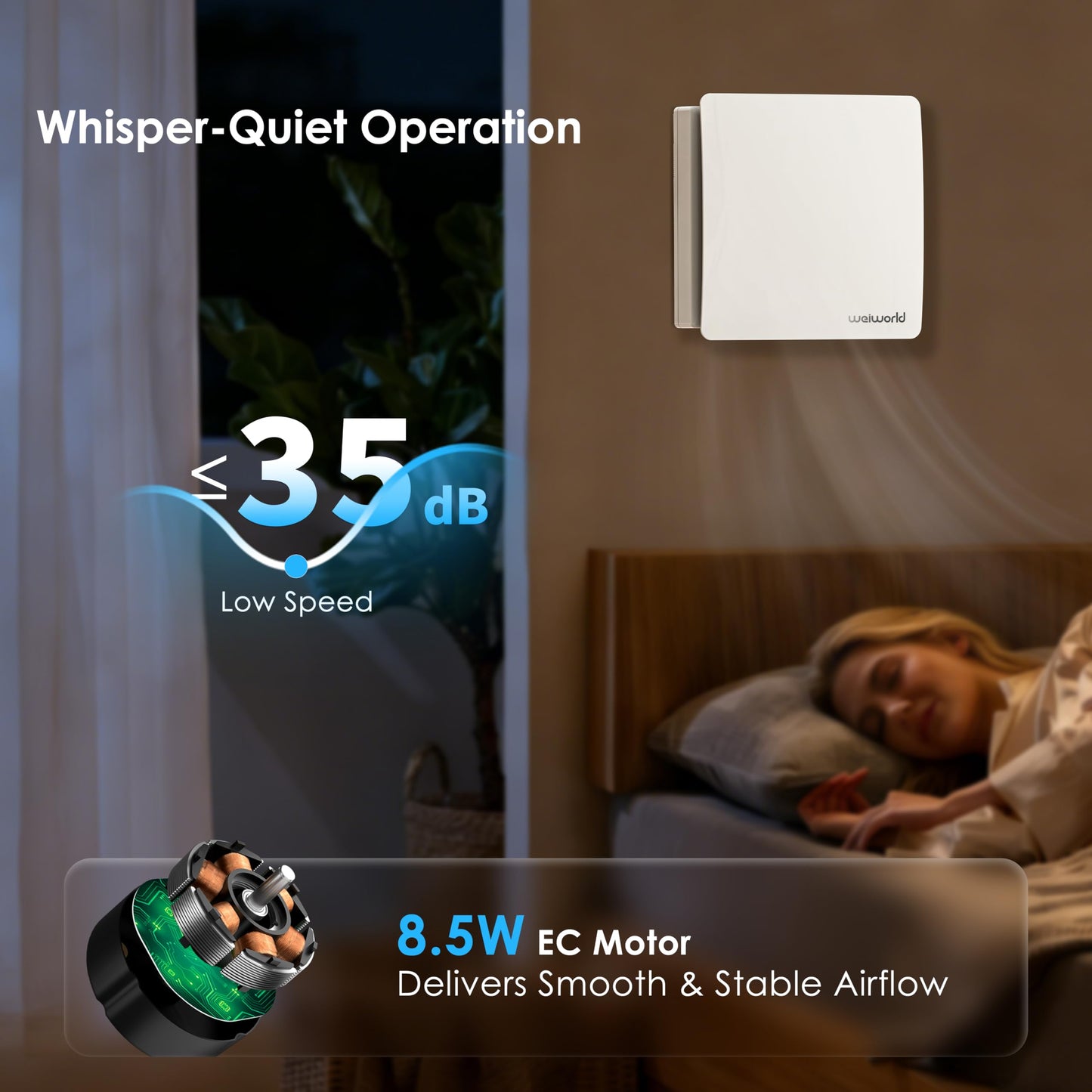 Weiworld Through Wall HEPA Ventilation Fan with WiFi & Remote Control, Ultra Quiet EC Motor Wall Vent, Fresh Air Intake & Air Exchange System for Bedroom, Home Office, Attic
