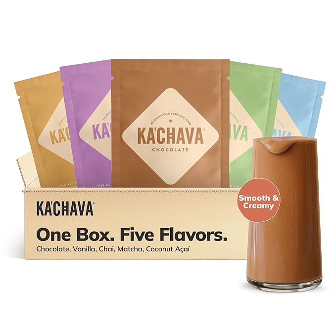 Ka?™Chava All-In-One Nutrition Shake Blend, 5 Flavor Sample Pack, 5 Servings, 85+ Superfoods & Nutrients, Meal Replacement, Greens Plant-Based Superfood Powder Protein Drink, Digestive Enzymes & Probiotics, Vegan Dairy Gluten Free