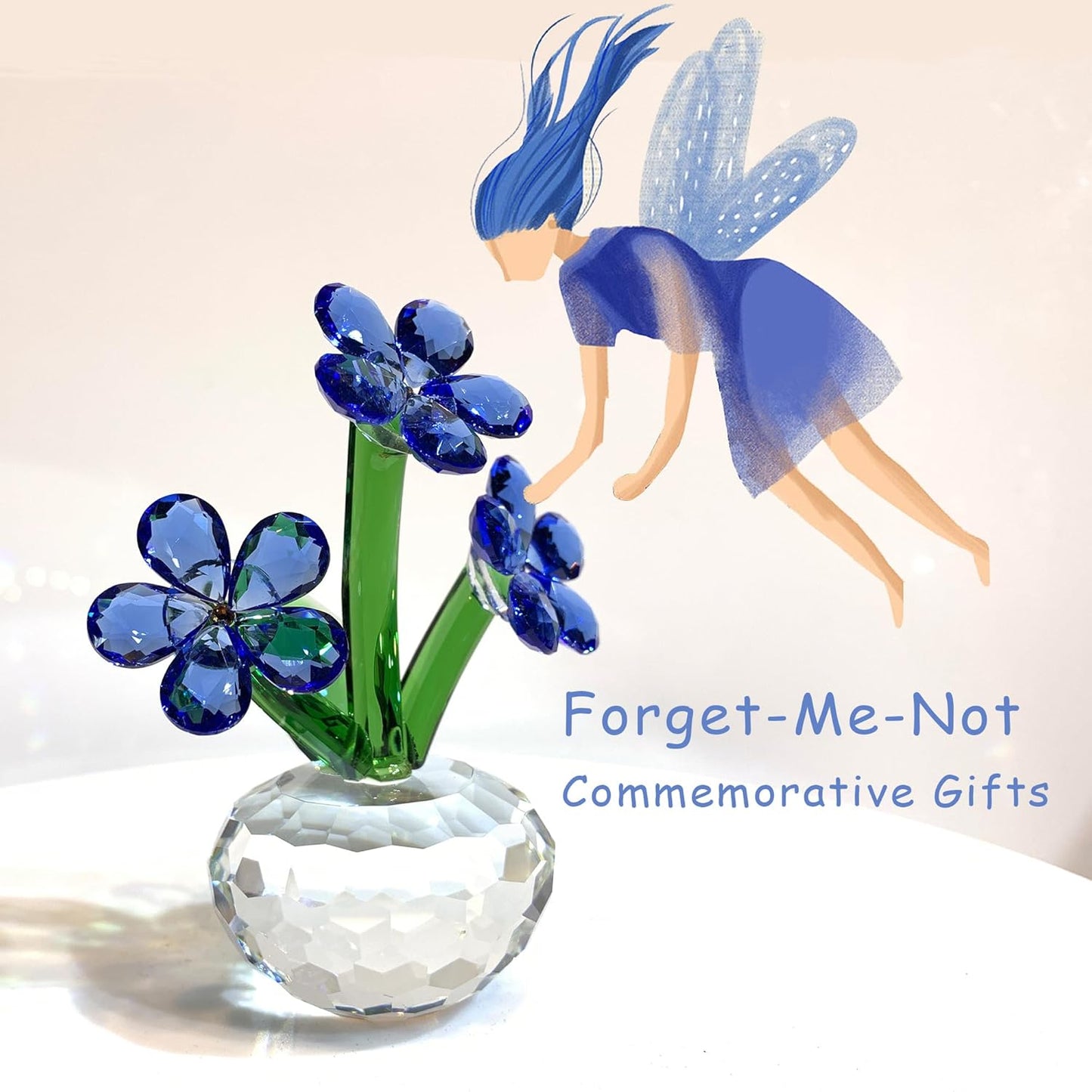 QFkris Crystal Flower Figurines - Forget-Me-Not Blue Flowers | Elegant Table Decor & Souvenir Gift