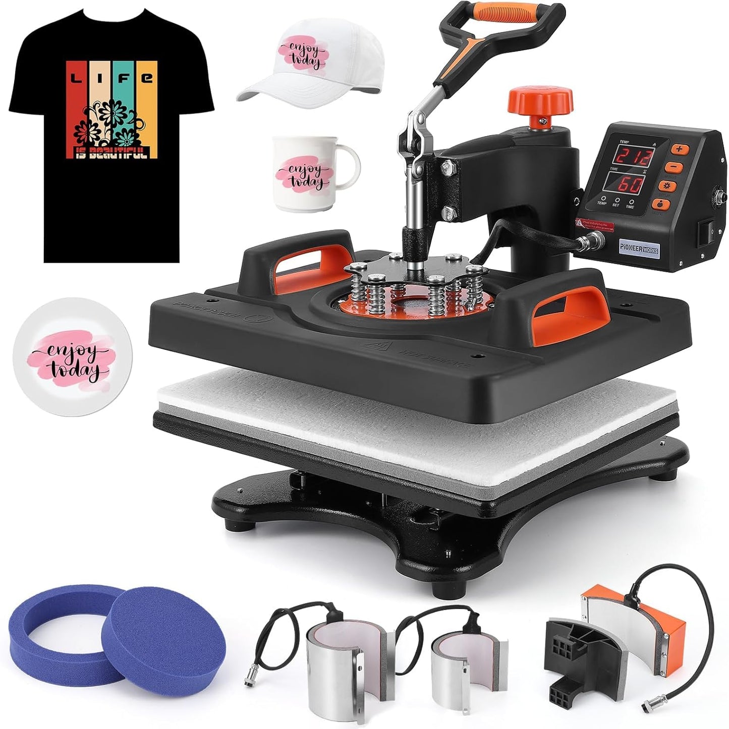 PIONEERWORKS Heat Press Machine 12 X 15 inch, 6 in 1 Shirt Printing Heat Transfer Machine 360° Swing Away, Digital Industrial-Quality Shirt Pressing Machine for Shirt, Hat, Mug, Plate, Orange