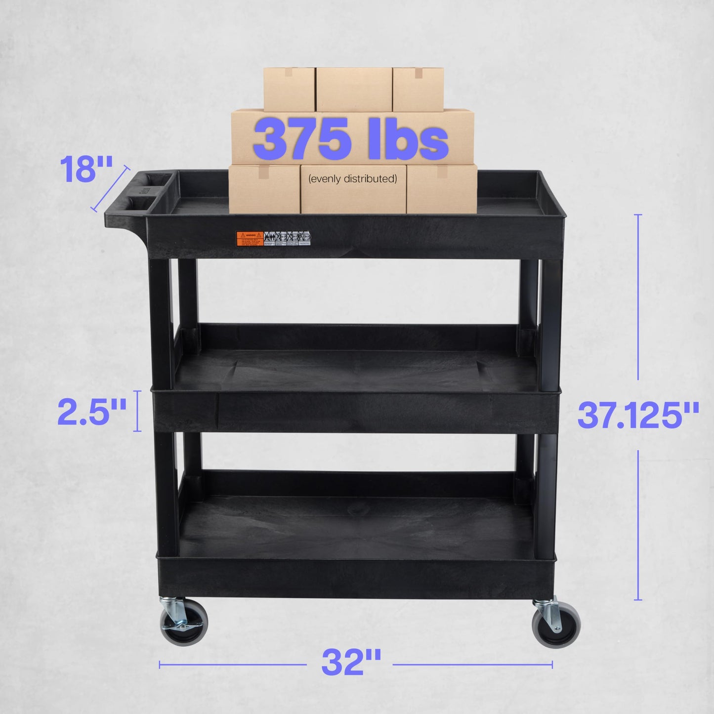 Tubstr 3-Tier Rolling Utility Cart with Wheels | Supports 300 lbs. Total | Heavy-Duty Capacity for Garage Storage, Office Spaces, & Kitchen Use | Durable Tool Cart with Locking Wheels (Black, 32 x 18)