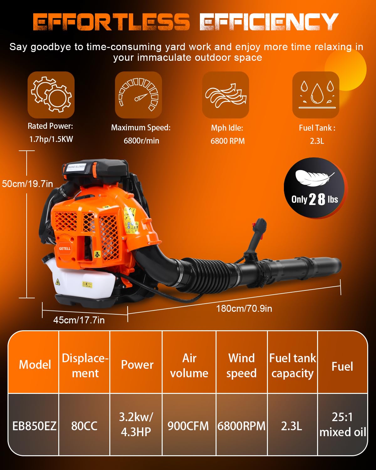 Getell 80cc Gas Backpack Leaf Blower, 900CFM 206MPH 2-Stroke Engine, Heavy-Duty Leaf & Snow Blower for Lawn, Garden & Commercial Use (Orange)