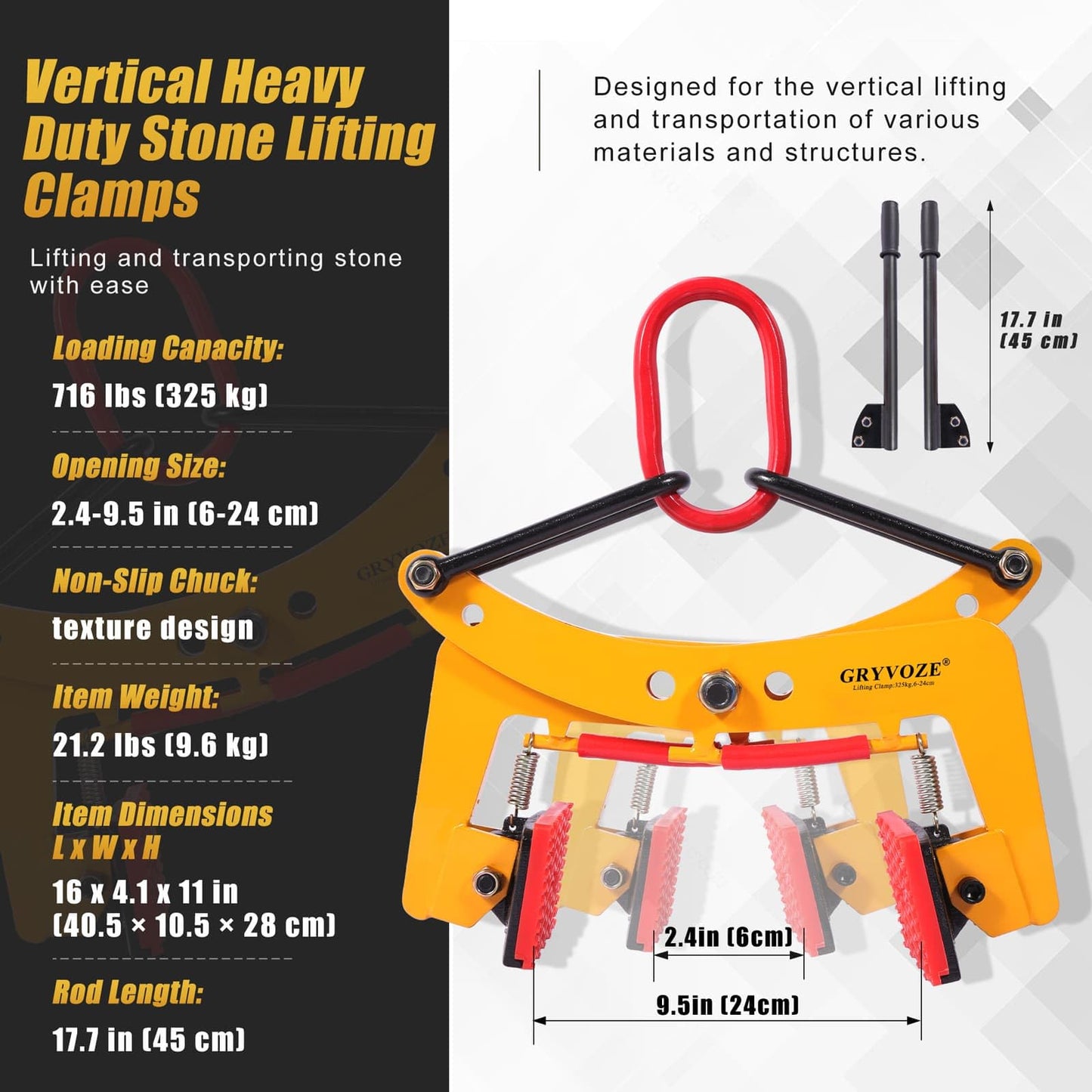 GRYVOZE 716 lbs 2 in 1 Granite Slab Lifting Clamp, 2.4"-9.5" X Shaped Heavy Duty Stone Lifter Equipment with Handle, Marble Carrying Clamps Tongs, also Suitable for Concrete and Curbstones