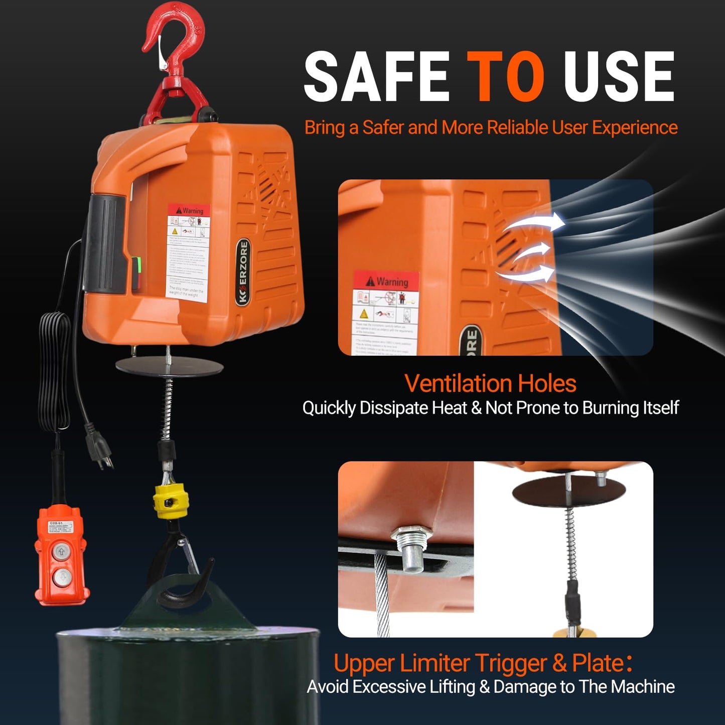 KOERZORE 110V Electric Hoist Winch 1100Lbs Capacity 25ft Lift Height Portable Power Winch for Garage, Workshop, ATV & Drywall Lifting&Compact Electric Chain Hoist