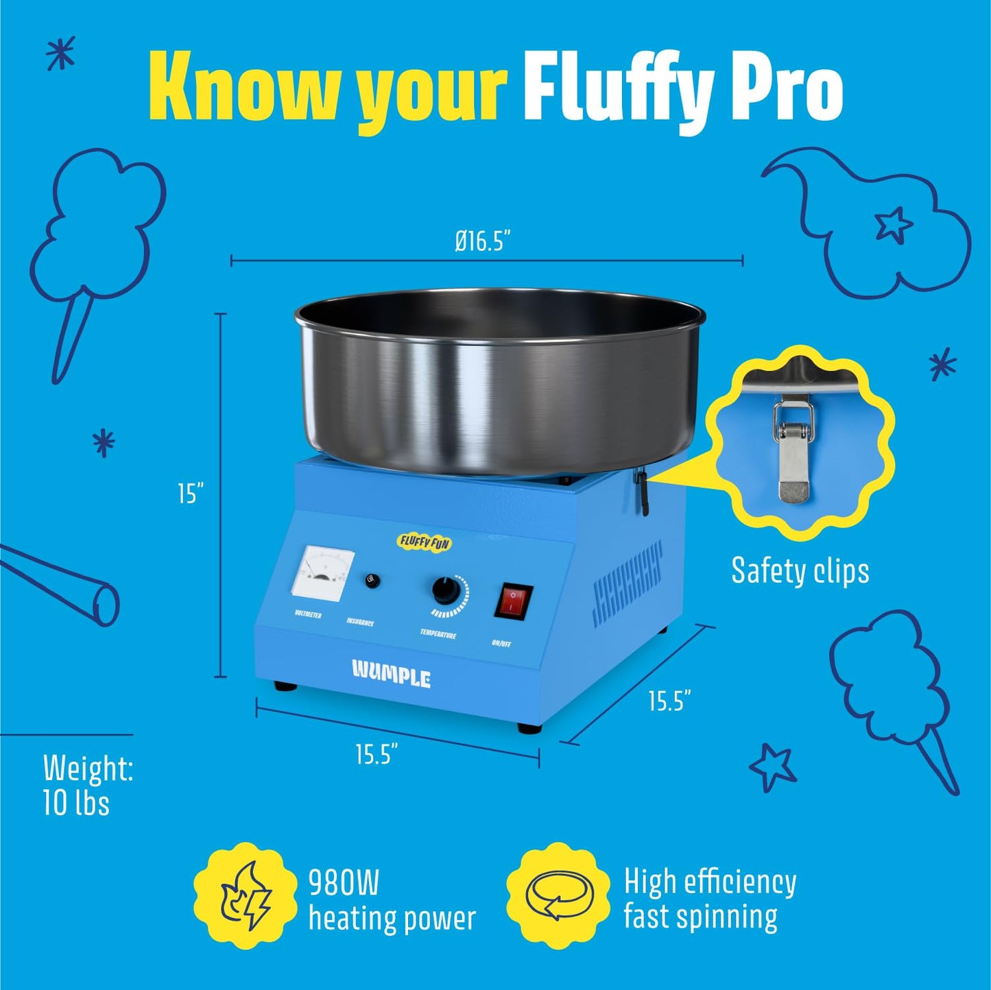 Wumple Cotton Candy Machine - 1000W Commercial-Grade Electric Cotton Candy Maker - 3-Minute Heat-Up - Stainless Steel Bowl - for Parties, Carnivals & Home Use - Blue