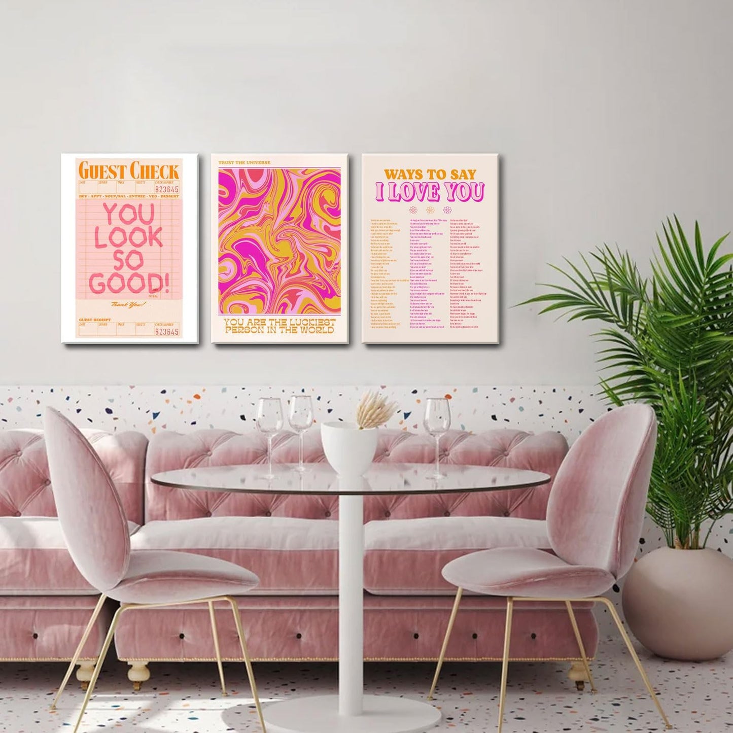 Pink Wall Decor - Canvas Art Set of 3 | Abstract Love Posters | Unique Framed Room Decor for Teens - 12x16''