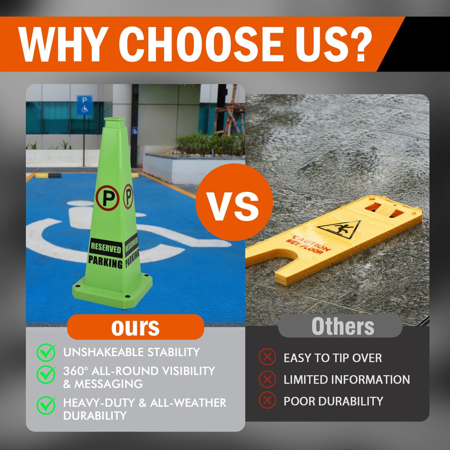 OranclUS 3 Pack 36 Inch 4-Sided Safety Cone, “Revised Parking” Green Message Cone, Extra Tall High Visibility Durable PVC Stackable Traffic Cones (3, Green-Revised Parking, 36inch Printed)