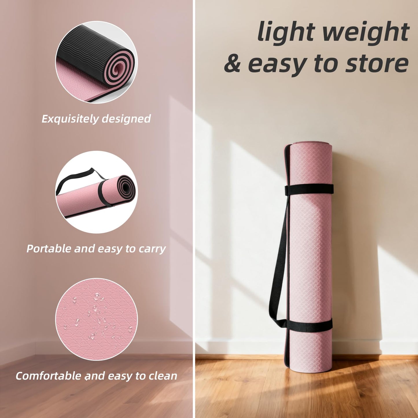 WUWAN Large Yoga Mat 75"x 40"x10mm (2/5 inch) – Extra Thick & Wide, TPE Fitness Mat, Printed Non-Slip Exercise Mat with Carrying Strap for Men & Women, Pilates, Stretching, Fitness & Workout (pink/black)