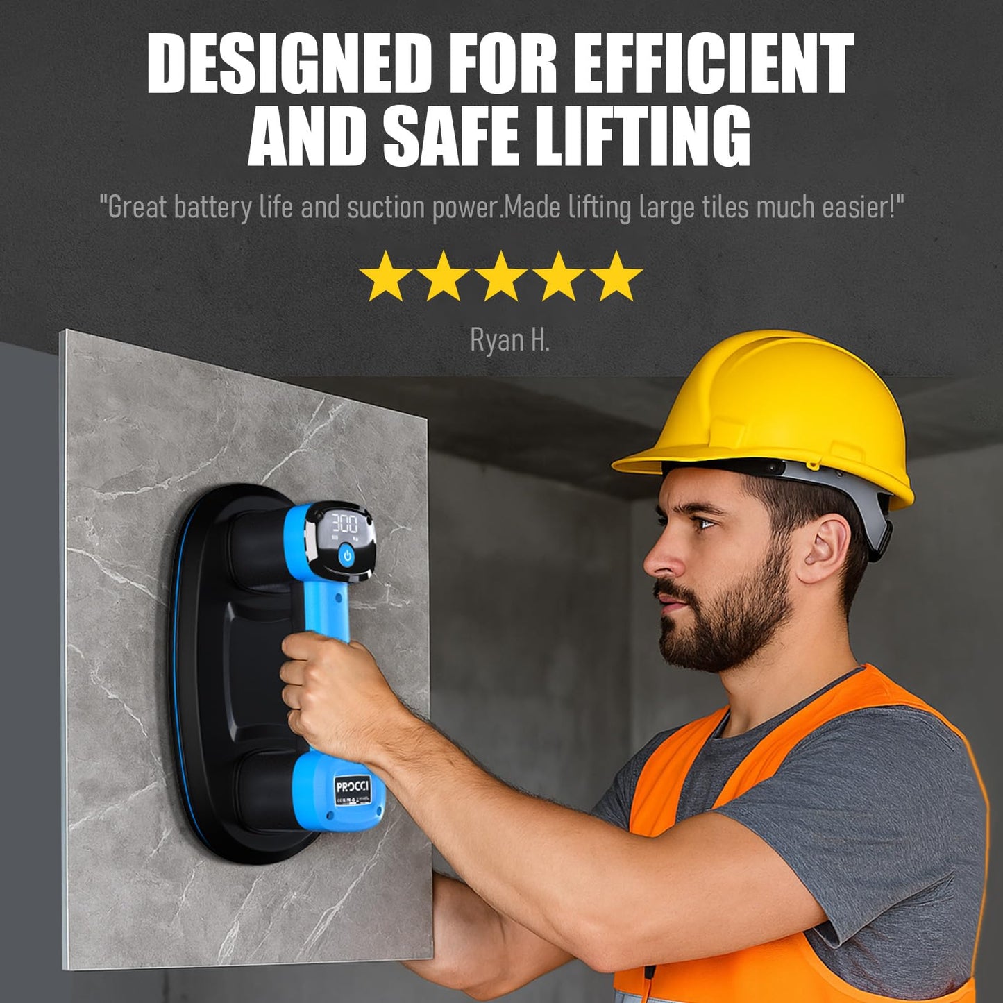 Procci Electric Battery Suction Cup – Cordless Vacuum Lifter for Tiles, Glass, Marble – Dual Motors, 660 LBS/300 KG Suction, LCD Display, 4500mAh, 12h Runtime – for Smooth & Lightly Textured Surfaces