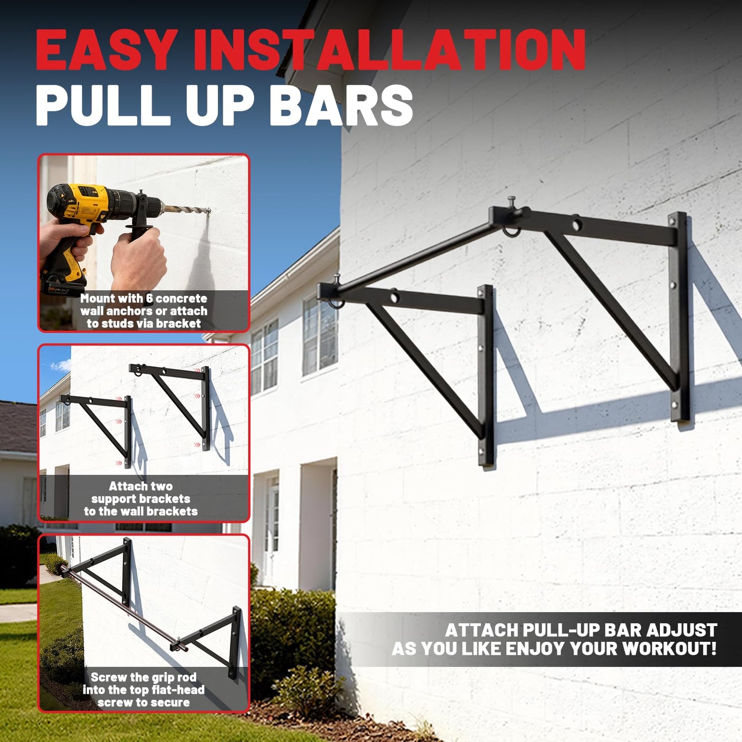 PAPABABE Wall Mounted Pull Up Bar, Chin Up Bar, Strength Training Pull-Up Bars Chin Up Bars for Home Gym, 500LBS Weight Capacity (Black 52 inch)